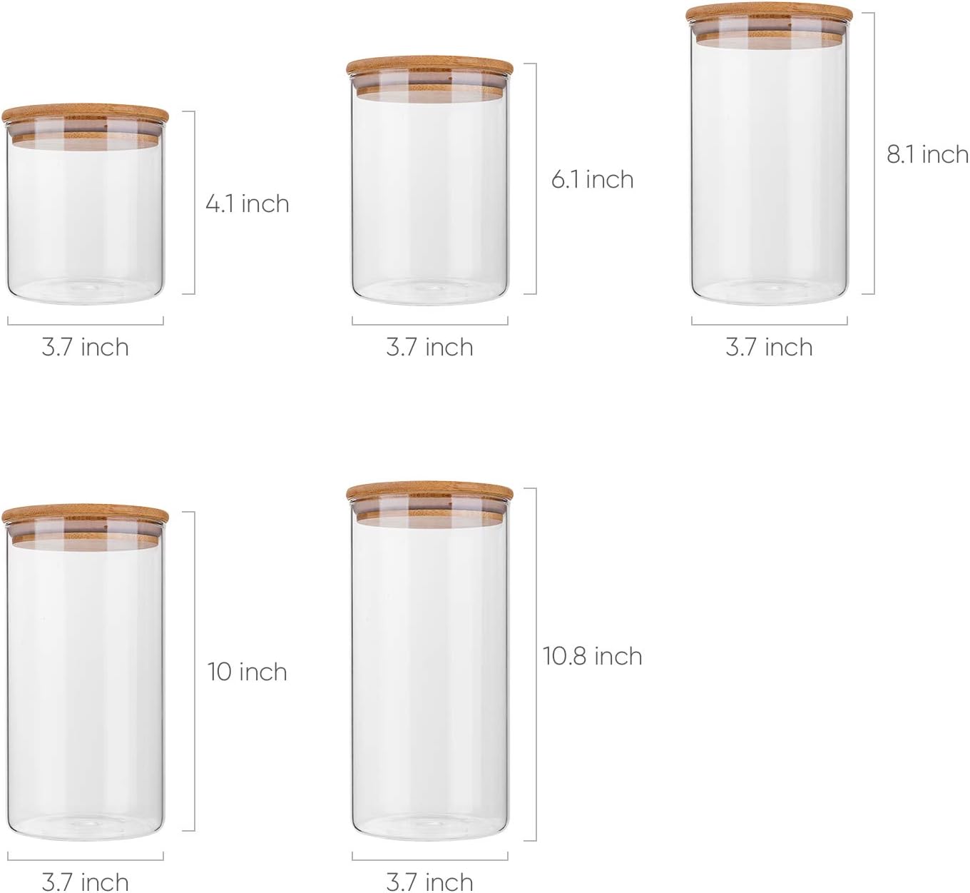 Airtight Glass Jars with Bamboo Lids, Glass Food Storage Containers Set - Set of 5 Kitchen Canisters for Sugar, Candy, Cookie, Rice and Spice Jars