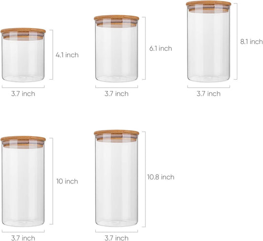 Airtight Glass Jars with Bamboo Lids, Glass Food Storage Containers Set - Set of 5 Kitchen Canisters for Sugar, Candy, Cookie, Rice and Spice Jars
