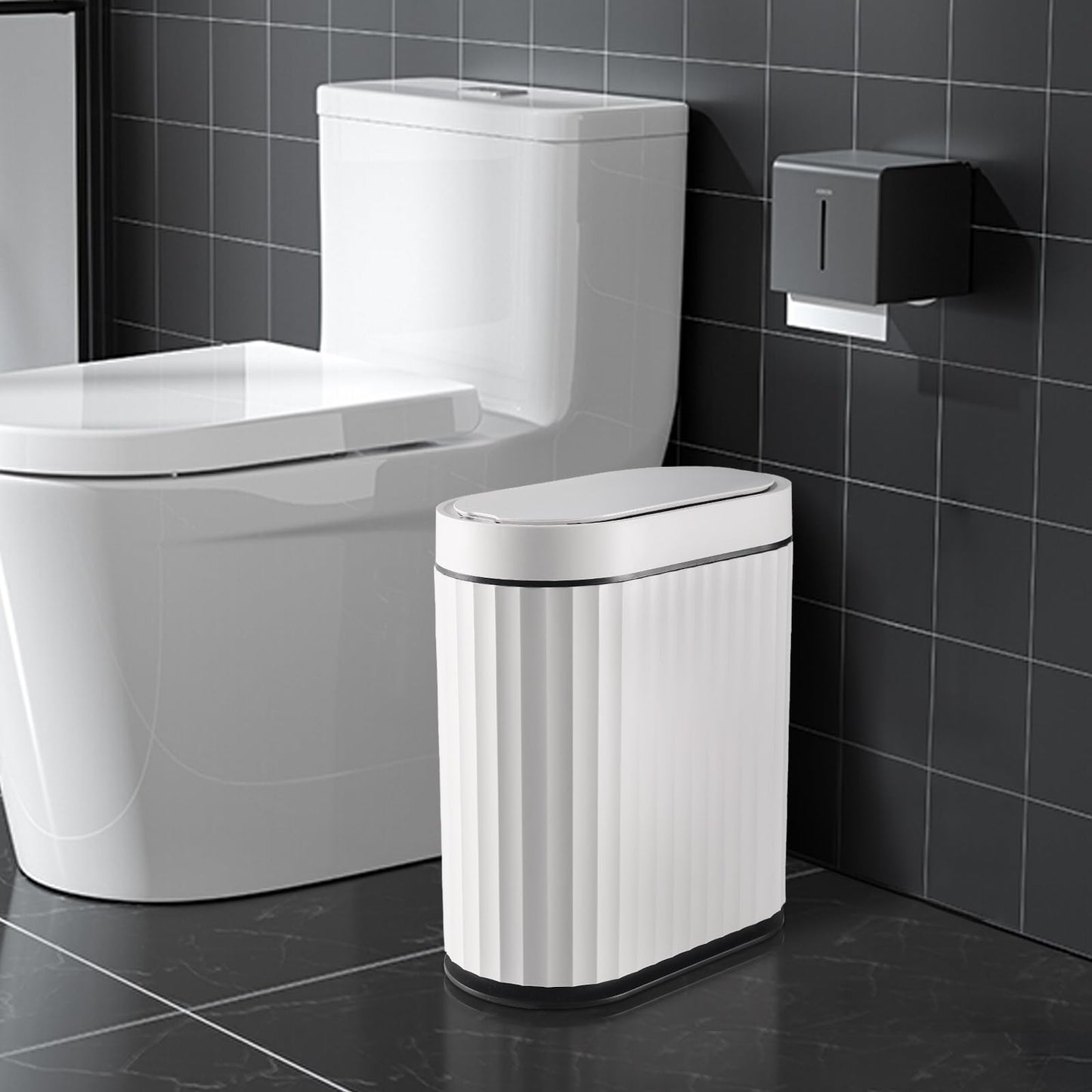 ELPHECO Automatic Motion Sensor Trash Can - 2 Gallon Slimline for Bathroom, Bedroom, Kitchen, Office - White with Gold Trim