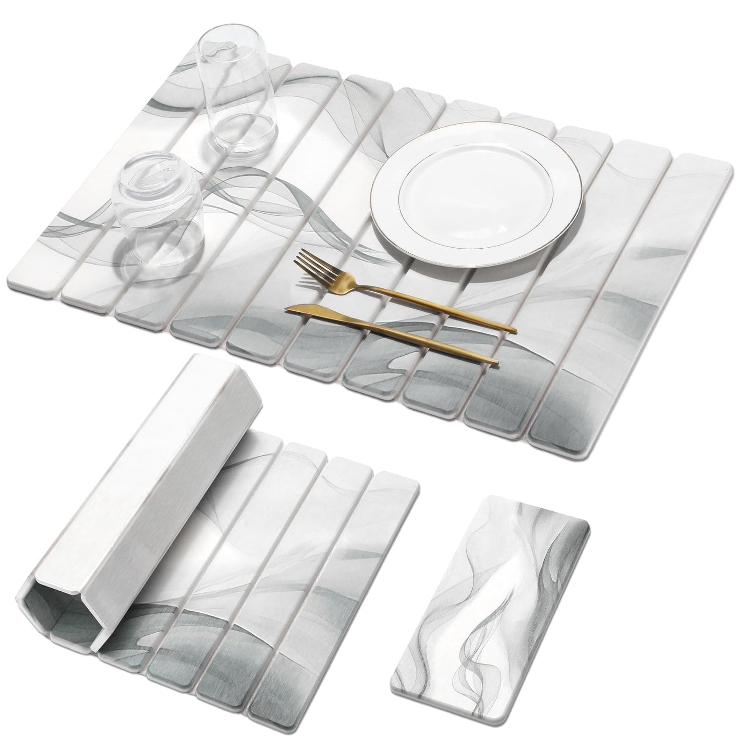 2 PCS Stone Dish Drying Mat for Kitchen Counter,Quick Dry Stone Dishes Mats,Marbled Water Absorbing Diatomaceous Earth Drying Pad for Countertop Bottles Utensils Cups(Dark Gray 16"×12" & 8"x4")