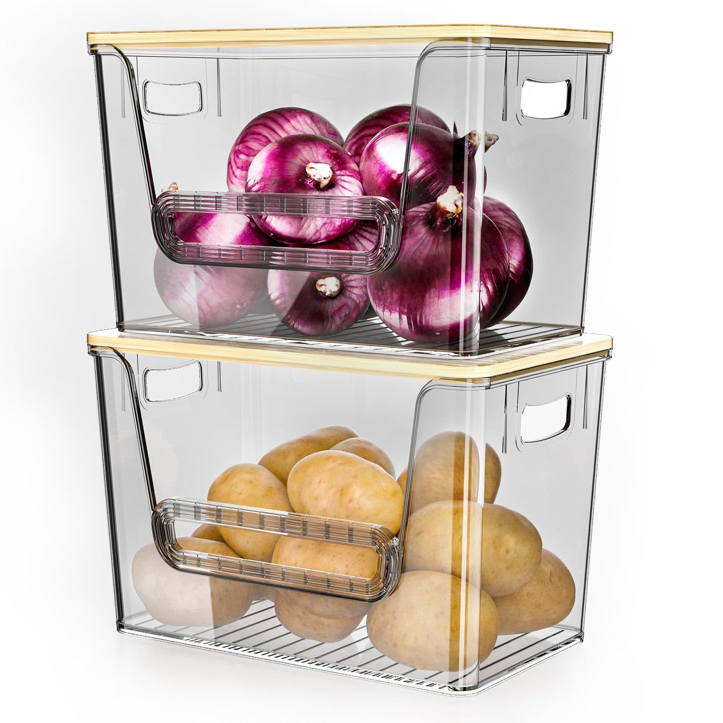 Delamu 3 Pack Pantry Organizers and Storage,Trash Bag Dispenser with Bamboo Top,Stackable Trash Bag Dispenser Under Sink Organizer for 4-30 GalBags,Onion,Potato,Fruits,Clear