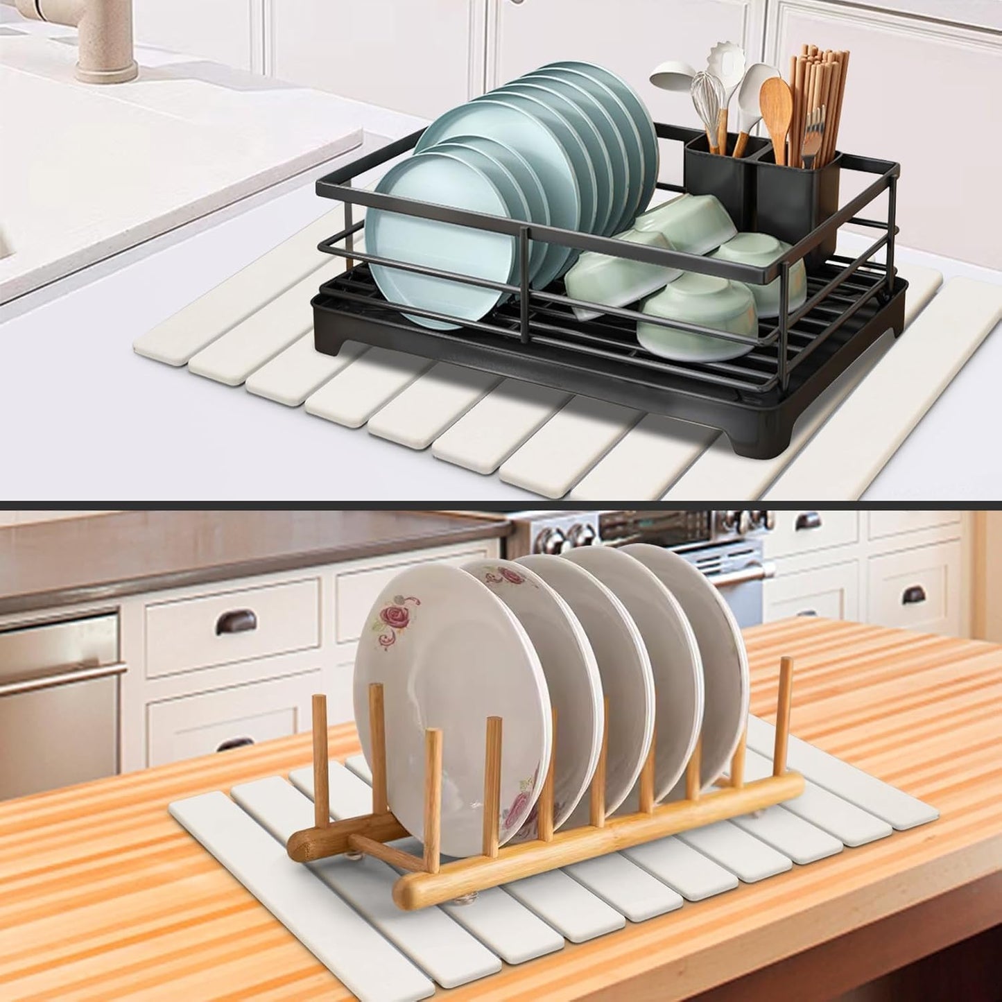 Large Stone Dish Drying Mats for Kitchen Counter, Quick Dry Collapsible Dish Drying Mat, Eco-Friendly Absorbent Foldable Diatomaceous Earth Mats for Dishes Bottles Cups, Match Any Countertop, 24"×16"