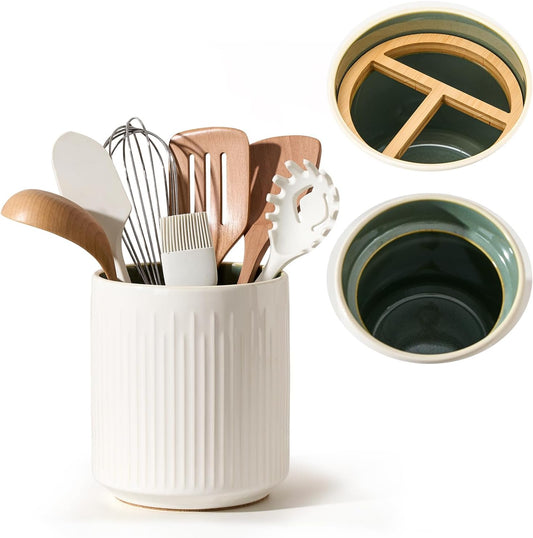 JIEMEI HOME Kitchen Utensil Holder, 7.2" Large Ceramic Stable Utensil Crock for Countertop, Utensil Organizer with Cork Mat, Removable Bamboo Divider for Easy, Kitchen Decor, White & Green