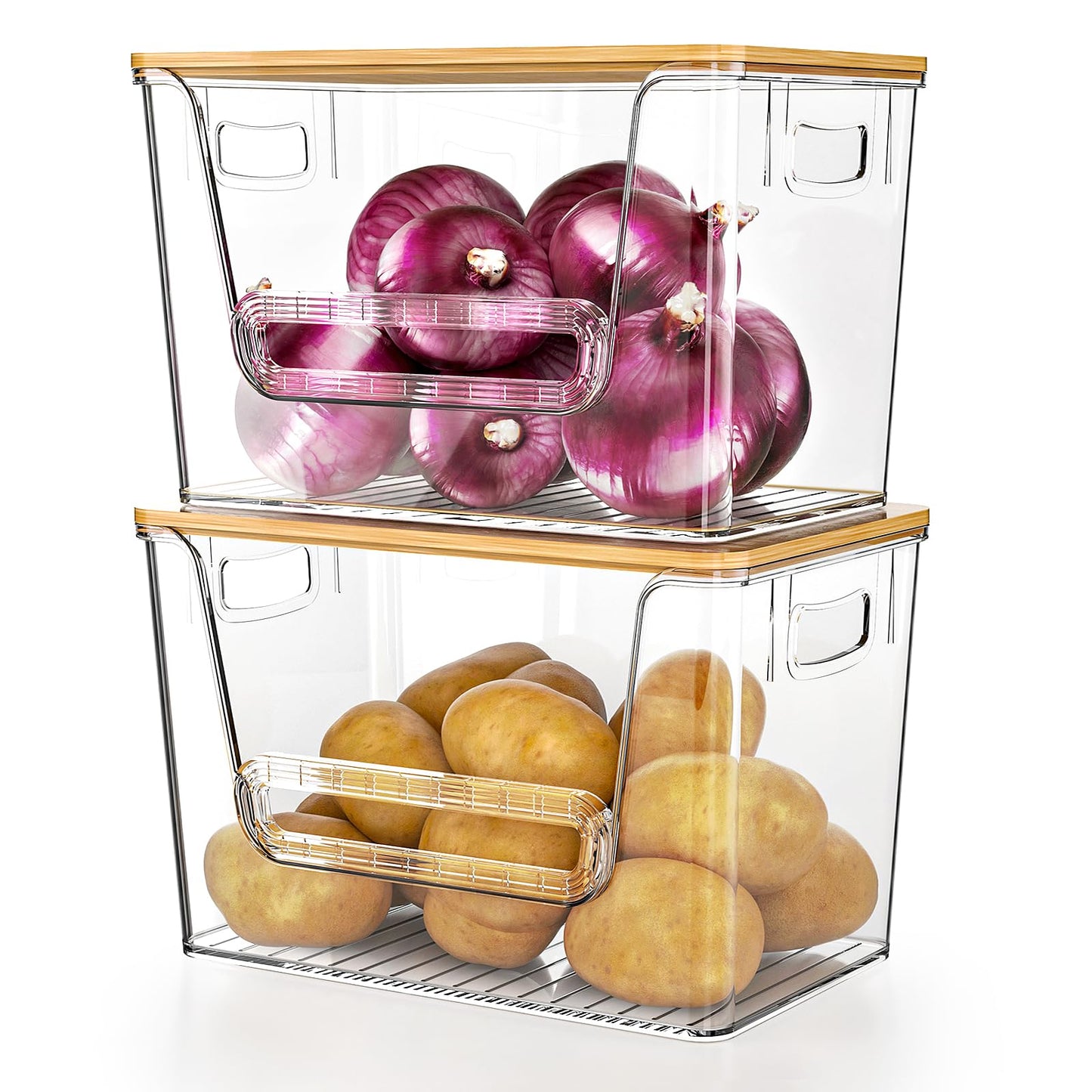 Delamu 3 Pack Pantry Organizers and Storage,Trash Bag Dispenser with Bamboo Top,Stackable Trash Bag Dispenser Under Sink Organizer for 4-30 GalBags,Onion,Potato,Fruits,Clear