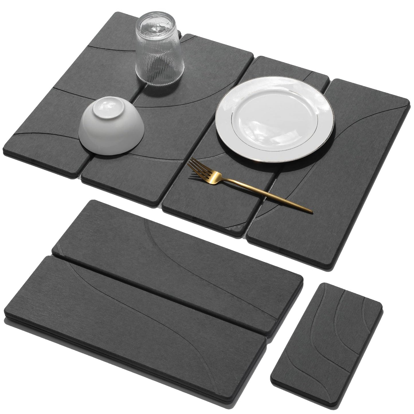 2 PCS Stone Dish Drying Mat for Kitchen Counter,Quick Dry Stone Dishes Mats,Marbled Water Absorbing Diatomaceous Earth Drying Pad for Countertop Bottles Utensils Cups(Dark Gray 16"×12" & 8"x4")
