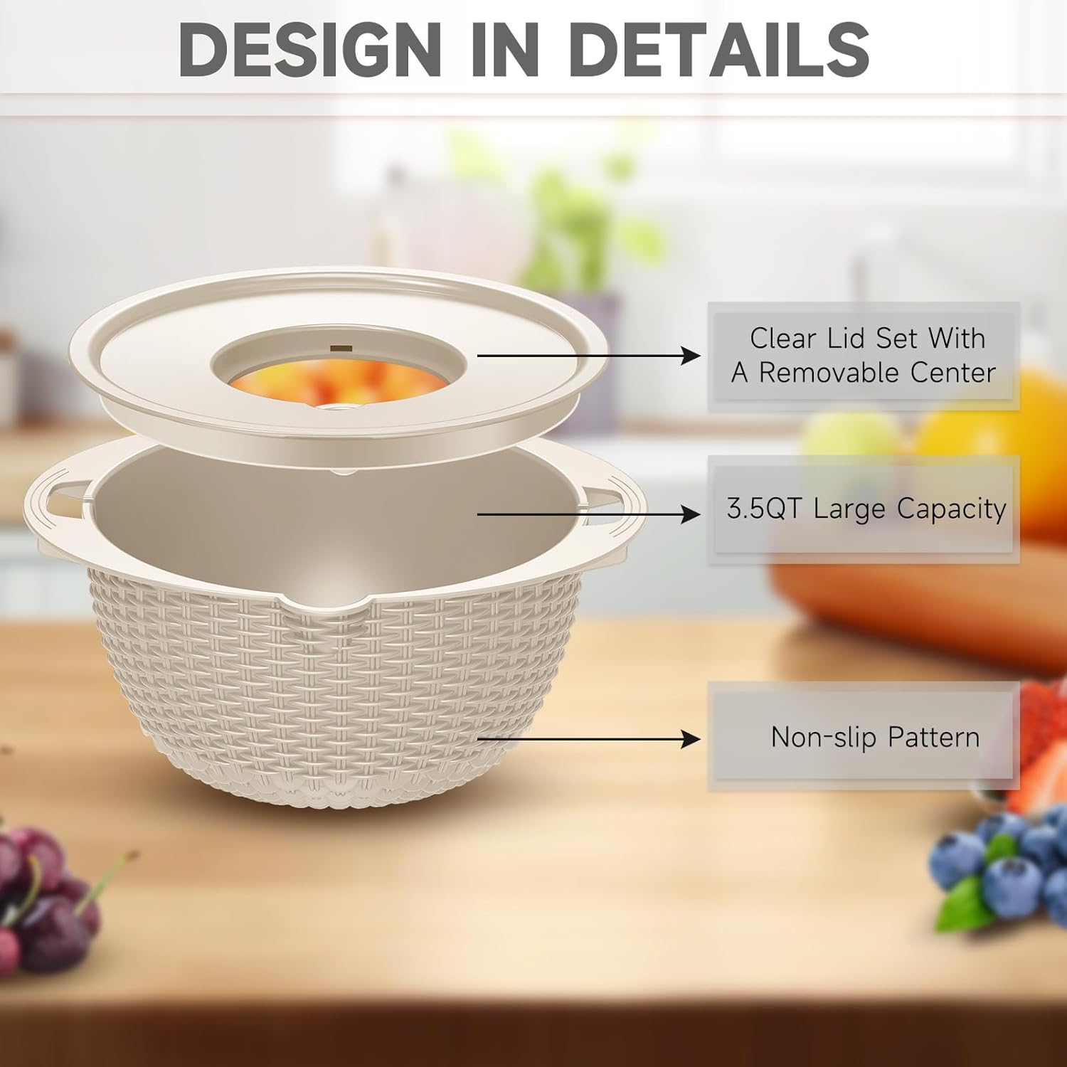 4-1 Colander with Bowl Set - Rotatable Colander Bowl with Measuring Spoons - Fruit Strainer Bowl, Food Strainers and Colanders Funny Presents for Women, Aesthetic Kitchen Gadget Essentials - Beige