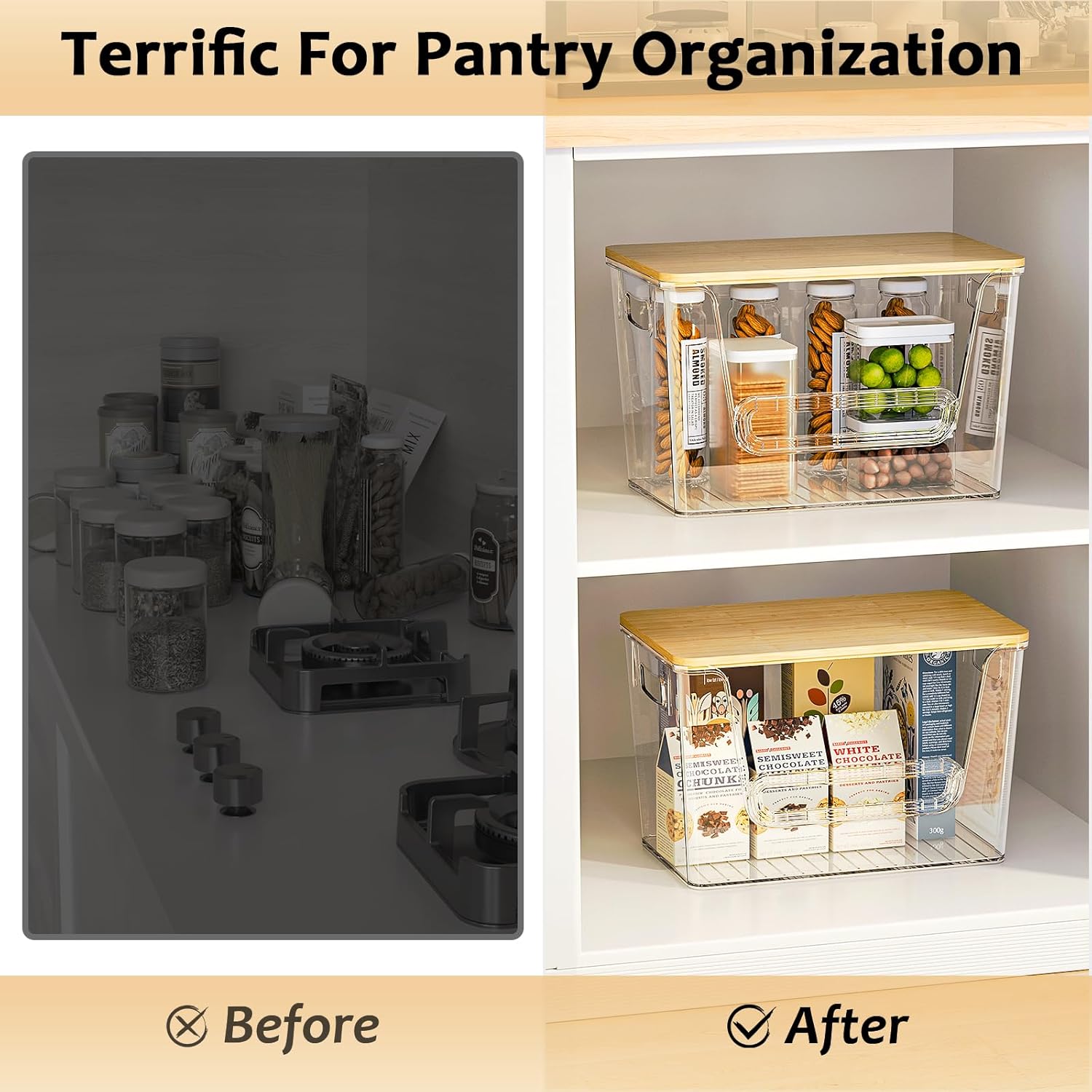 Delamu 3 Pack Pantry Organizers and Storage,Trash Bag Dispenser with Bamboo Top,Stackable Trash Bag Dispenser Under Sink Organizer for 4-30 GalBags,Onion,Potato,Fruits,Clear