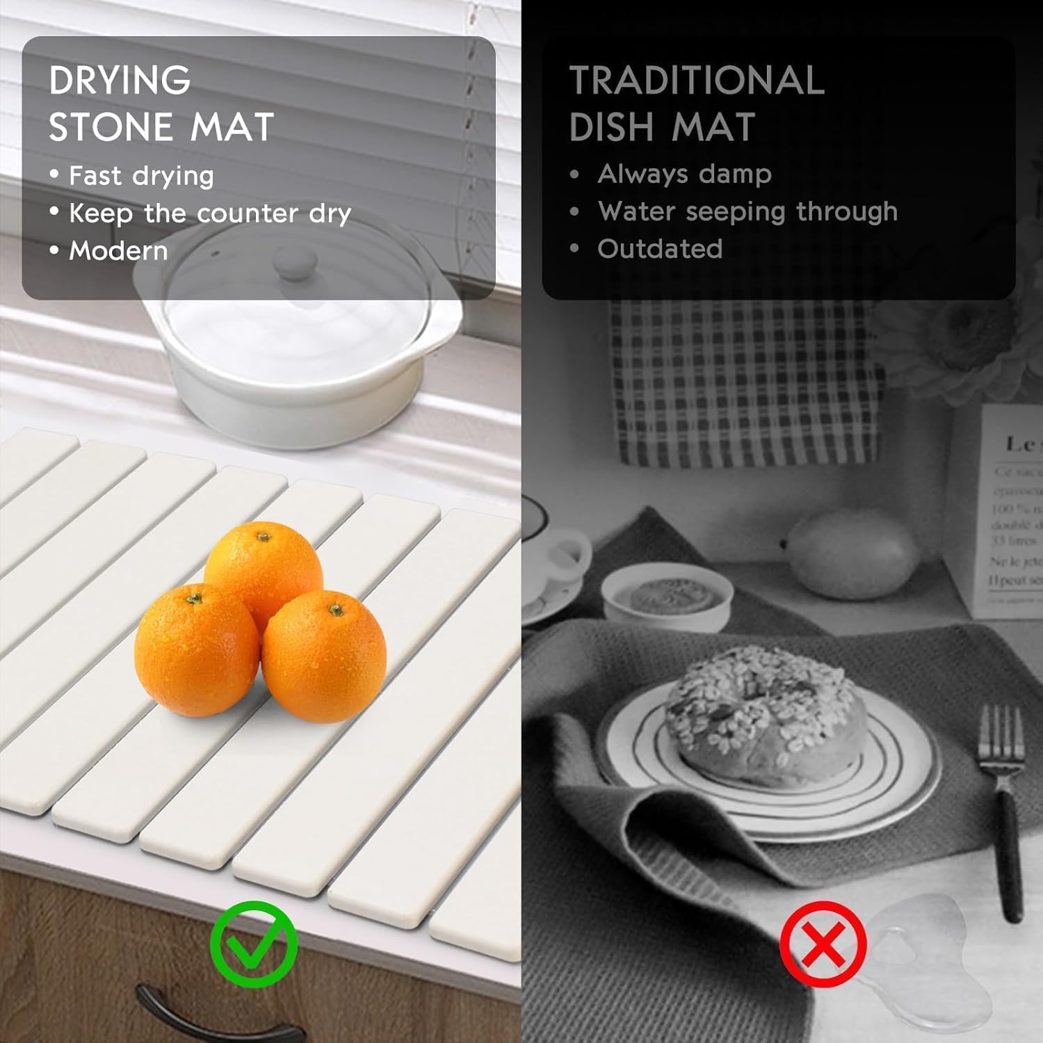 Large Stone Dish Drying Mats for Kitchen Counter, Quick Dry Collapsible Dish Drying Mat, Eco-Friendly Absorbent Foldable Diatomaceous Earth Mats for Dishes Bottles Cups, Match Any Countertop, 24"×16"