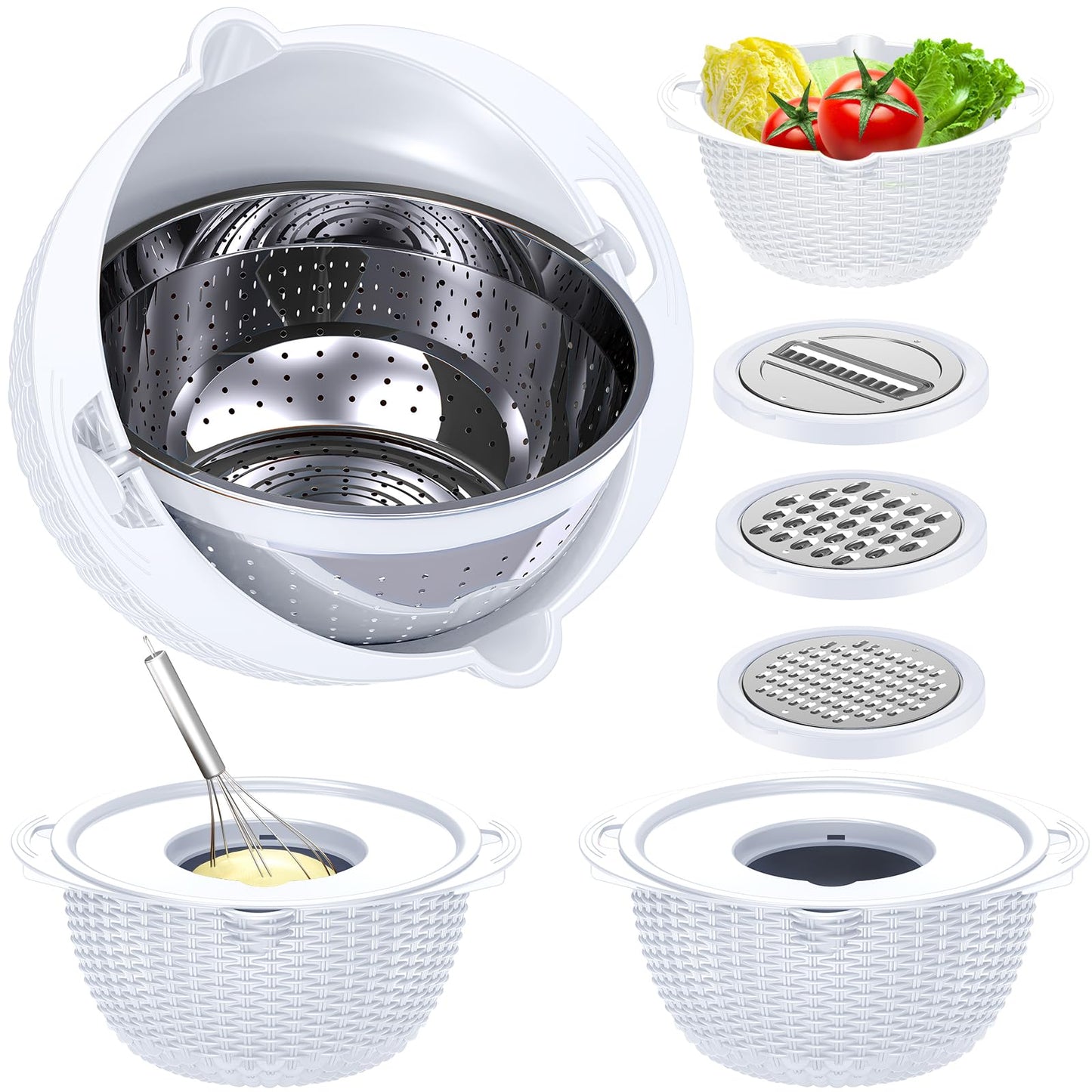 4-1 Colander with Bowl Set - Rotatable Colander Bowl with Measuring Spoons - Fruit Strainer Bowl, Food Strainers and Colanders Funny Presents for Women, Aesthetic Kitchen Gadget Essentials - Beige