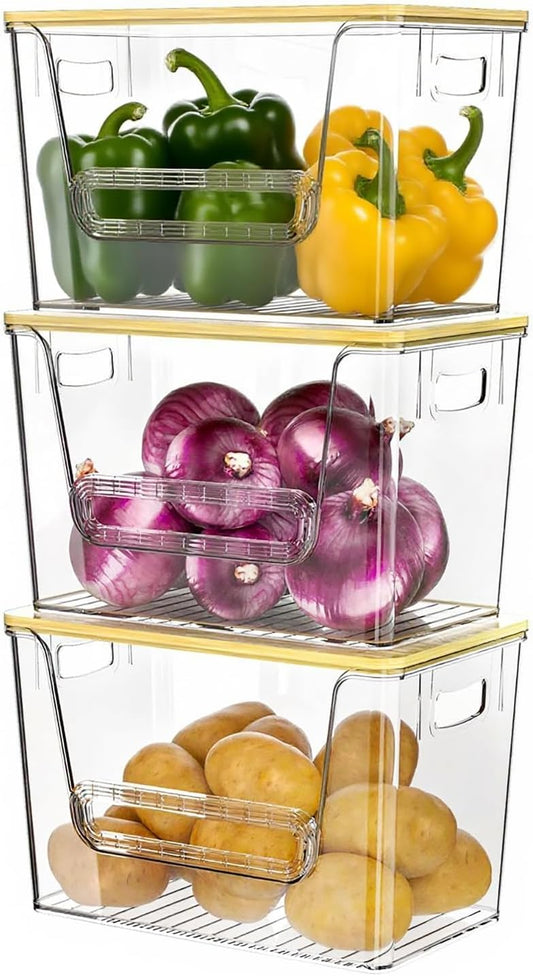 Delamu 3 Pack Pantry Organizers and Storage,Trash Bag Dispenser with Bamboo Top,Stackable Trash Bag Dispenser Under Sink Organizer for 4-30 GalBags,Onion,Potato,Fruits,Clear