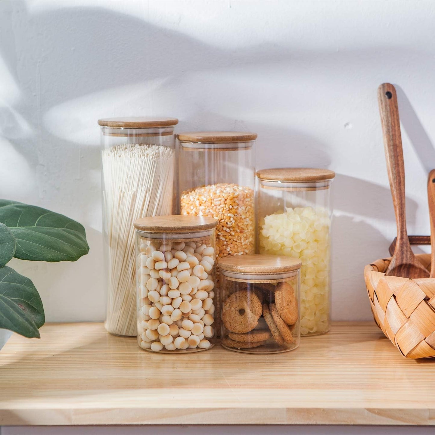 Airtight Glass Jars with Bamboo Lids, Glass Food Storage Containers Set - Set of 5 Kitchen Canisters for Sugar, Candy, Cookie, Rice and Spice Jars
