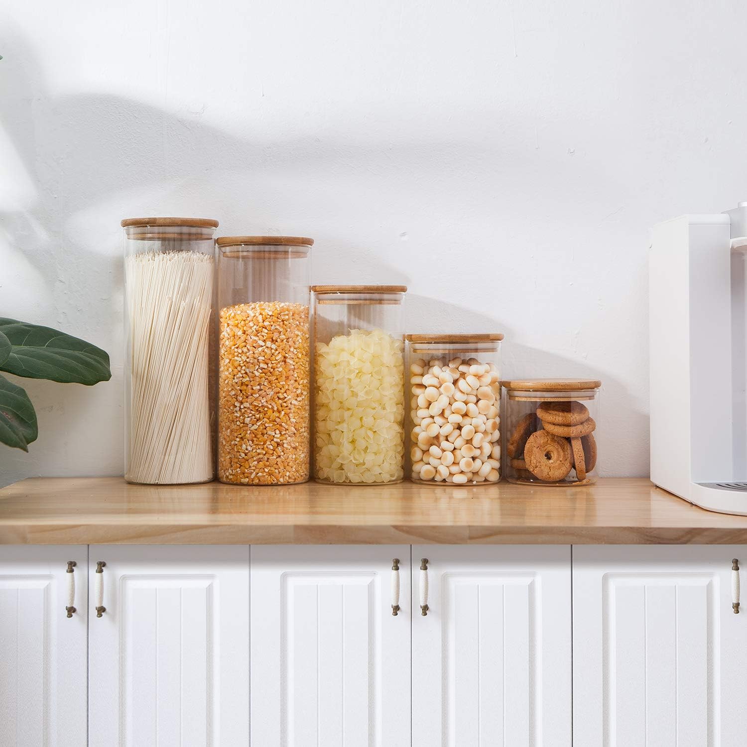 Airtight Glass Jars with Bamboo Lids, Glass Food Storage Containers Set - Set of 5 Kitchen Canisters for Sugar, Candy, Cookie, Rice and Spice Jars