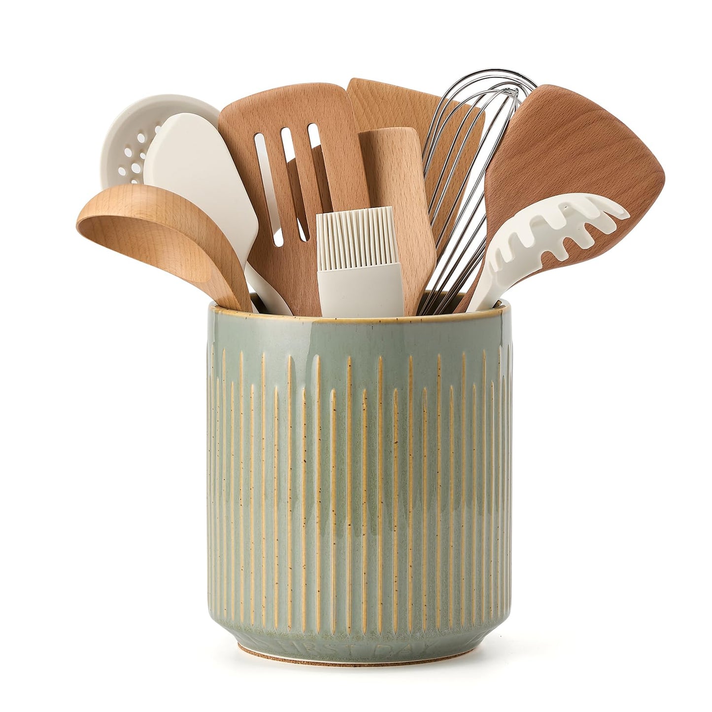 JIEMEI HOME Kitchen Utensil Holder, 7.2" Large Ceramic Stable Utensil Crock for Countertop, Utensil Organizer with Cork Mat, Removable Bamboo Divider for Easy, Kitchen Decor, White & Green