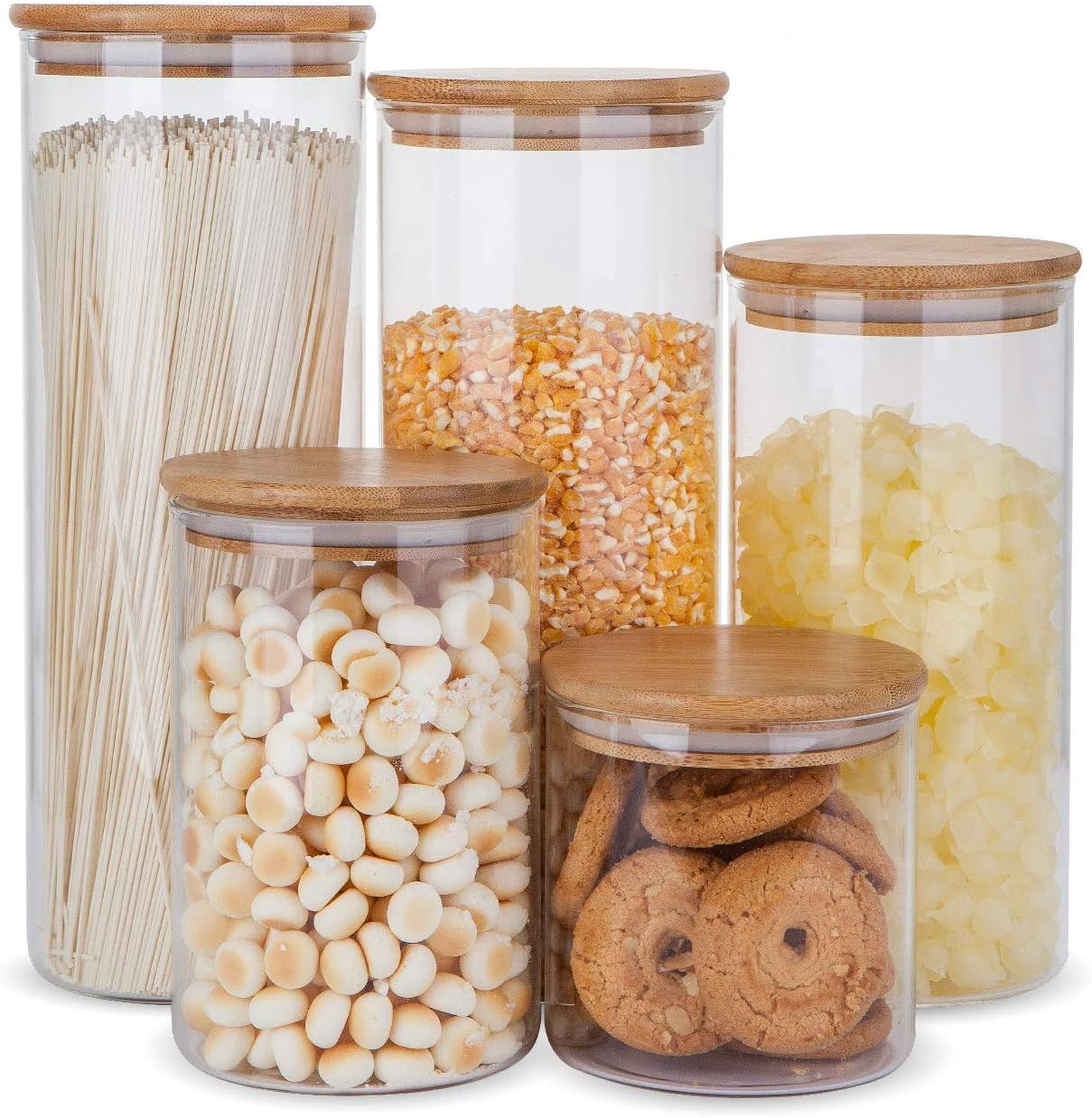 Airtight Glass Jars with Bamboo Lids, Glass Food Storage Containers Set - Set of 5 Kitchen Canisters for Sugar, Candy, Cookie, Rice and Spice Jars