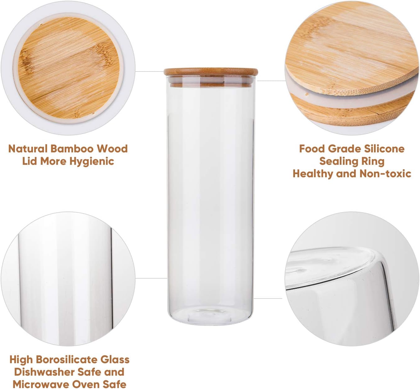 Airtight Glass Jars with Bamboo Lids, Glass Food Storage Containers Set - Set of 5 Kitchen Canisters for Sugar, Candy, Cookie, Rice and Spice Jars