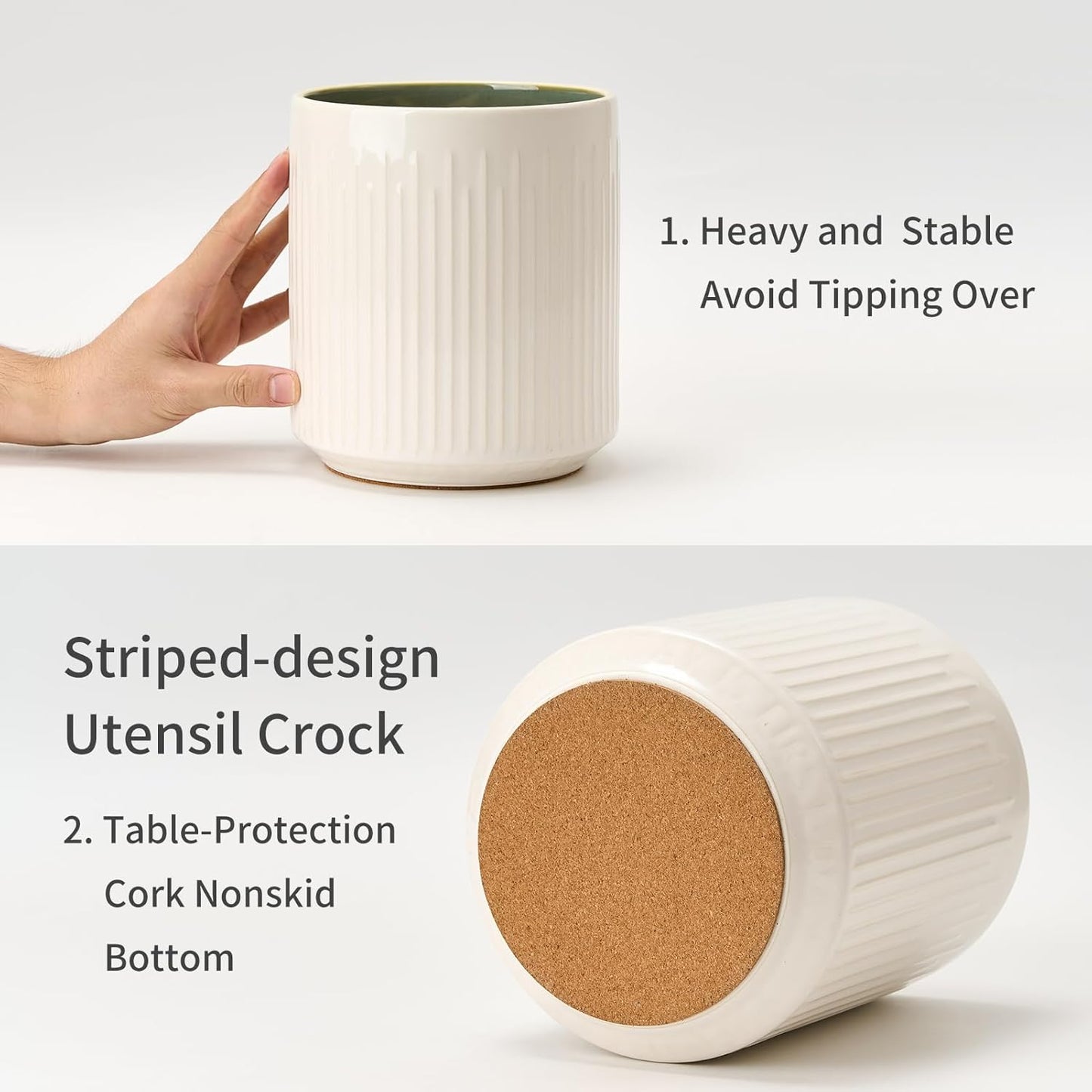 JIEMEI HOME Kitchen Utensil Holder, 7.2" Large Ceramic Stable Utensil Crock for Countertop, Utensil Organizer with Cork Mat, Removable Bamboo Divider for Easy, Kitchen Decor, White & Green