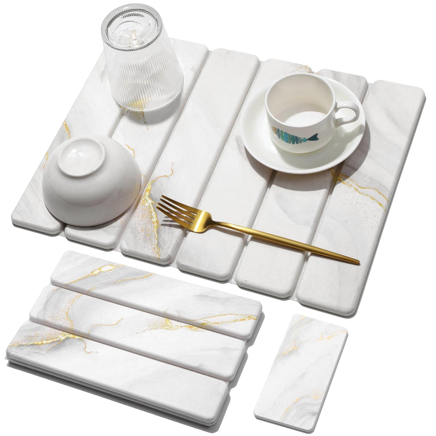 2 PCS Stone Dish Drying Mat for Kitchen Counter,Quick Dry Stone Dishes Mats,Marbled Water Absorbing Diatomaceous Earth Drying Pad for Countertop Bottles Utensils Cups(Dark Gray 16"×12" & 8"x4")