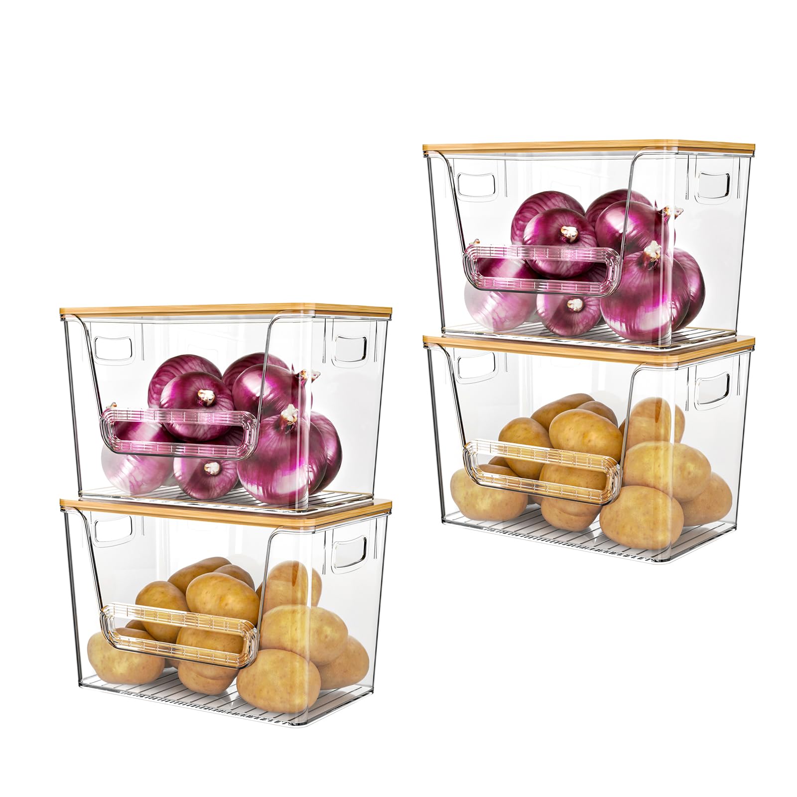 Delamu 3 Pack Pantry Organizers and Storage,Trash Bag Dispenser with Bamboo Top,Stackable Trash Bag Dispenser Under Sink Organizer for 4-30 GalBags,Onion,Potato,Fruits,Clear