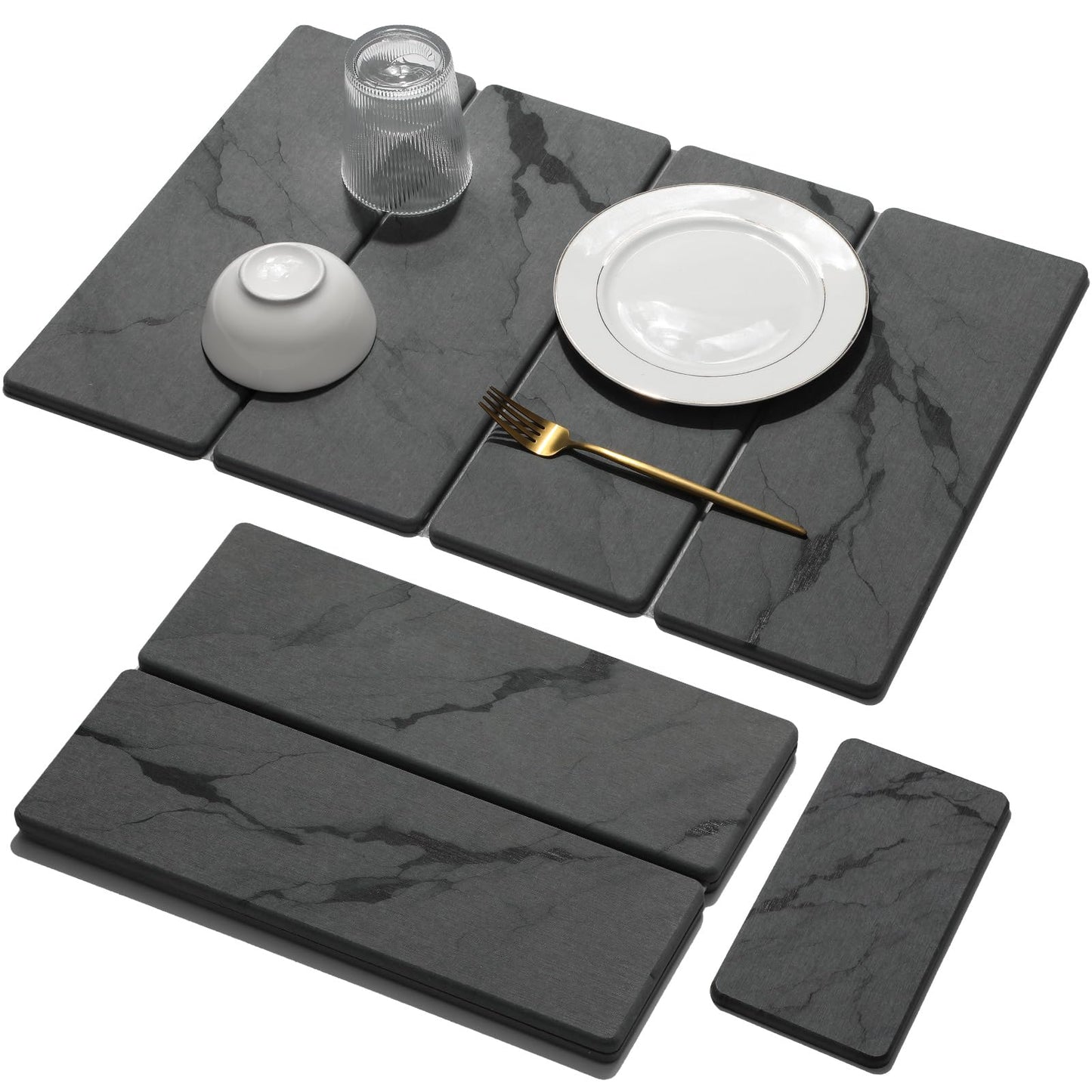 2 PCS Stone Dish Drying Mat for Kitchen Counter,Quick Dry Stone Dishes Mats,Marbled Water Absorbing Diatomaceous Earth Drying Pad for Countertop Bottles Utensils Cups(Dark Gray 16"×12" & 8"x4")