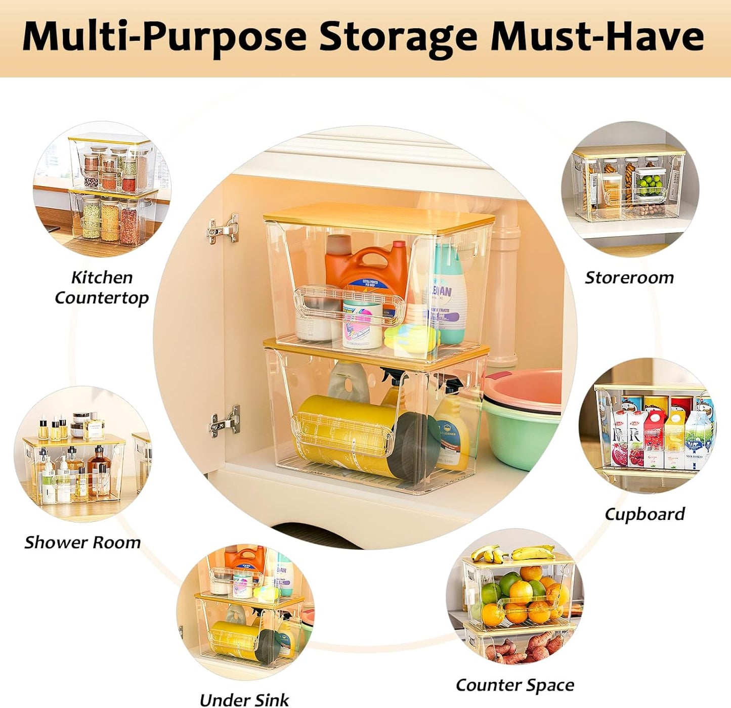 Delamu 3 Pack Pantry Organizers and Storage,Trash Bag Dispenser with Bamboo Top,Stackable Trash Bag Dispenser Under Sink Organizer for 4-30 GalBags,Onion,Potato,Fruits,Clear