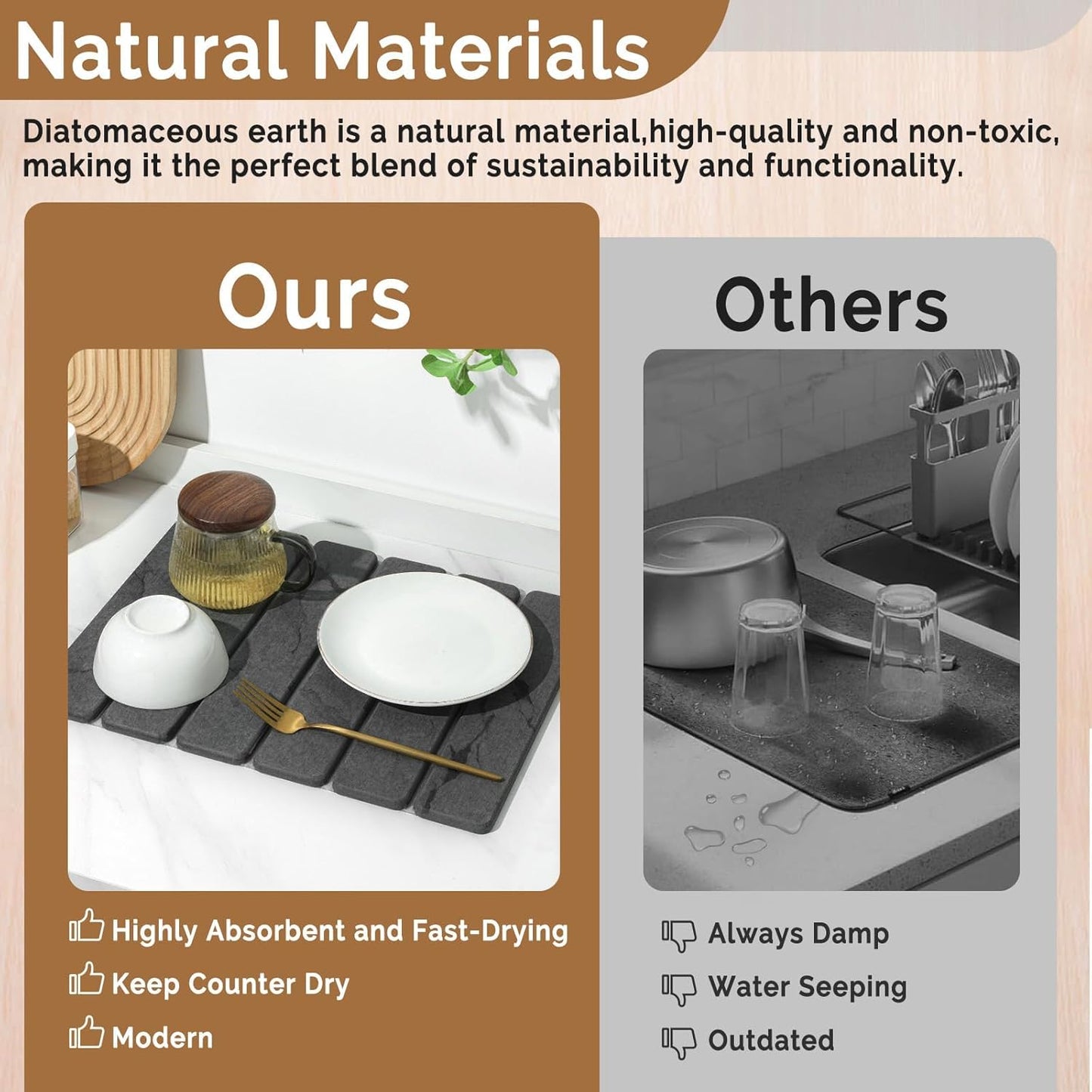 2 PCS Stone Dish Drying Mat for Kitchen Counter,Quick Dry Stone Dishes Mats,Marbled Water Absorbing Diatomaceous Earth Drying Pad for Countertop Bottles Utensils Cups(Dark Gray 16"×12" & 8"x4")