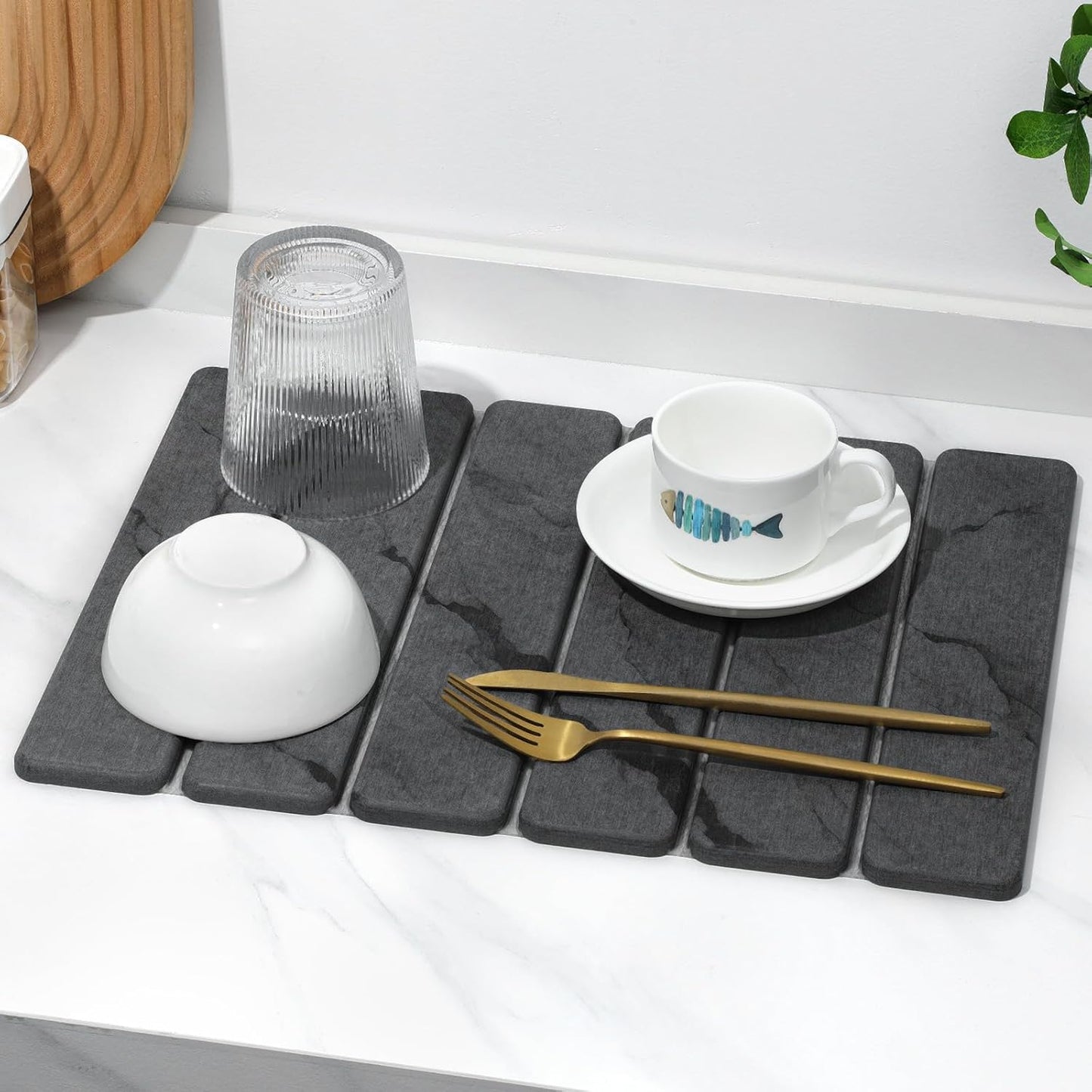 2 PCS Stone Dish Drying Mat for Kitchen Counter,Quick Dry Stone Dishes Mats,Marbled Water Absorbing Diatomaceous Earth Drying Pad for Countertop Bottles Utensils Cups(Dark Gray 16"×12" & 8"x4")
