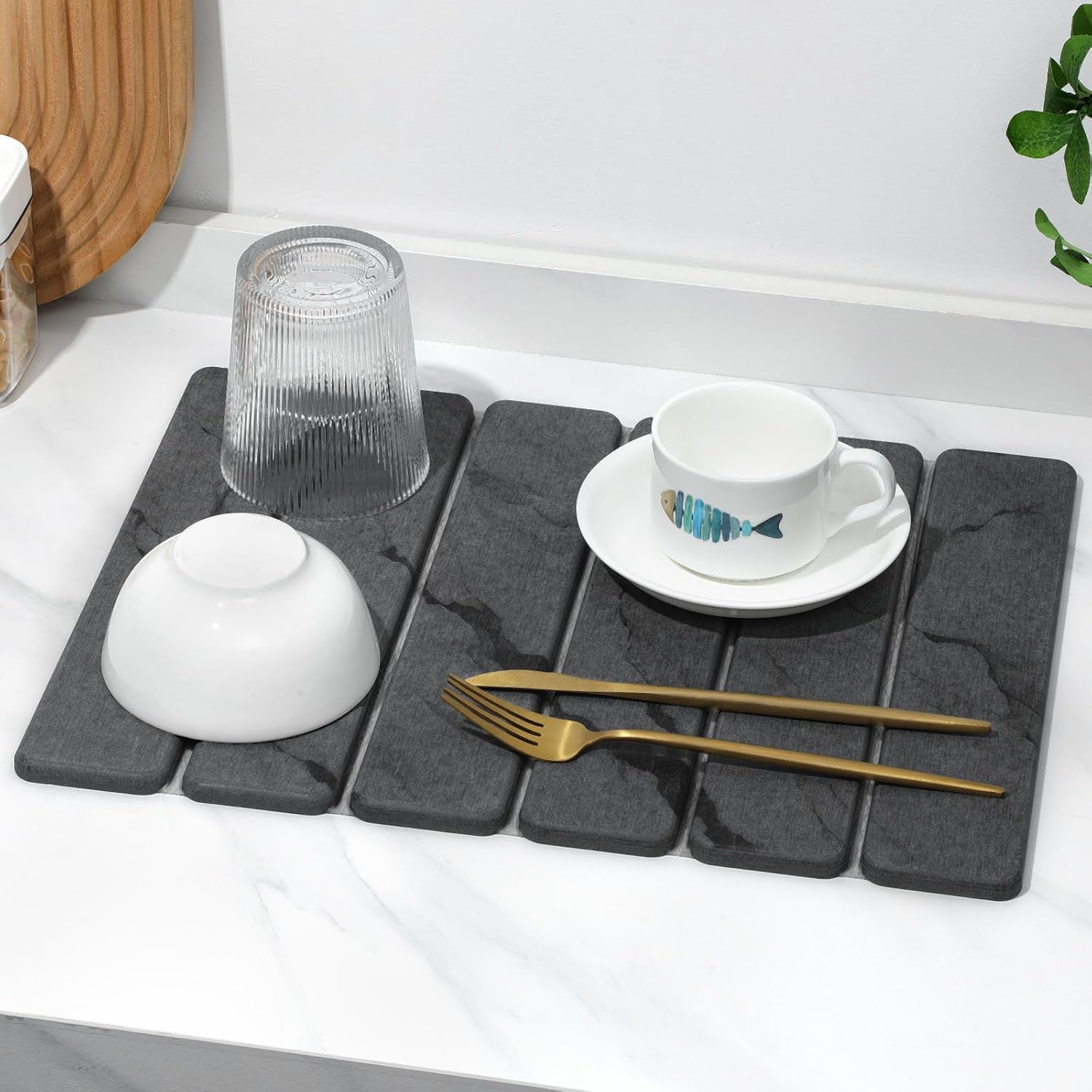 2 PCS Stone Dish Drying Mat for Kitchen Counter,Quick Dry Stone Dishes Mats,Marbled Water Absorbing Diatomaceous Earth Drying Pad for Countertop Bottles Utensils Cups(Dark Gray 16"×12" & 8"x4")