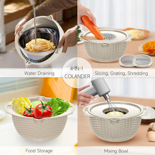 4-1 Colander with Bowl Set - Rotatable Colander Bowl with Measuring Spoons - Fruit Strainer Bowl, Food Strainers and Colanders Funny Presents for Women, Aesthetic Kitchen Gadget Essentials - Beige