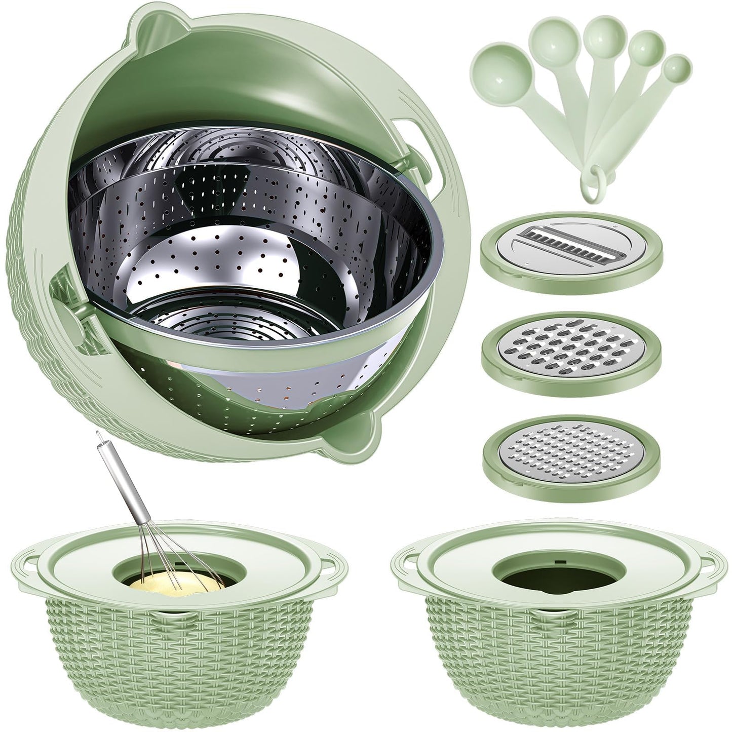 4-1 Colander with Bowl Set - Rotatable Colander Bowl with Measuring Spoons - Fruit Strainer Bowl, Food Strainers and Colanders Funny Presents for Women, Aesthetic Kitchen Gadget Essentials - Beige