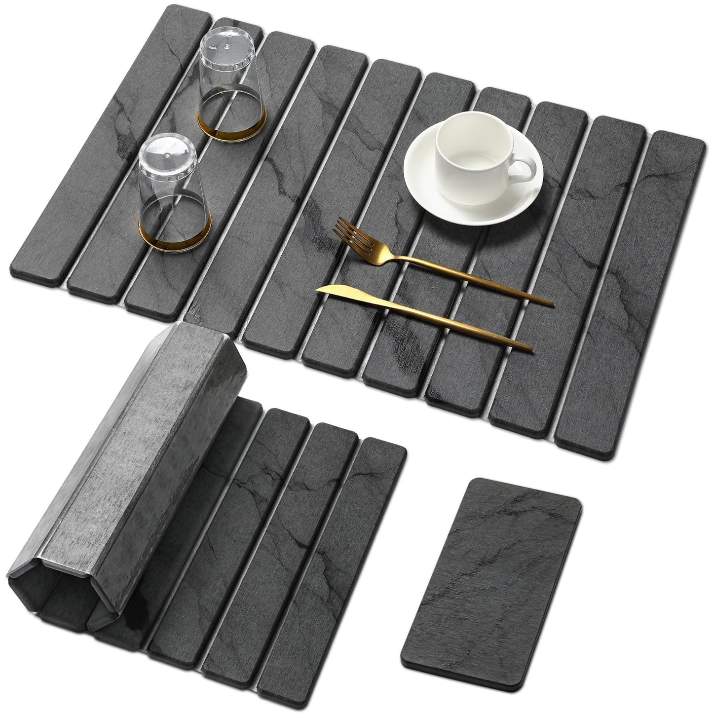 2 PCS Stone Dish Drying Mat for Kitchen Counter,Quick Dry Stone Dishes Mats,Marbled Water Absorbing Diatomaceous Earth Drying Pad for Countertop Bottles Utensils Cups(Dark Gray 16"×12" & 8"x4")