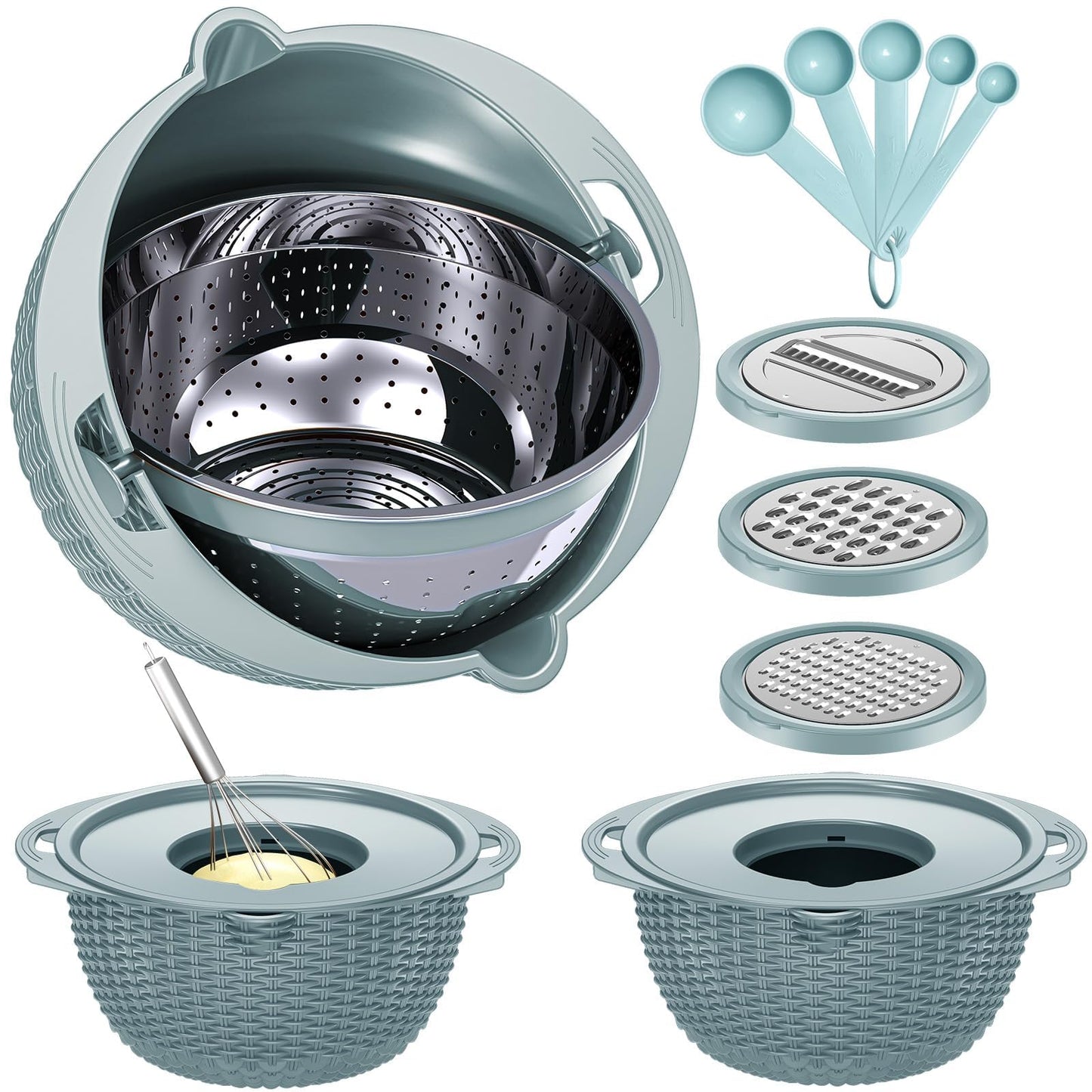 4-1 Colander with Bowl Set - Rotatable Colander Bowl with Measuring Spoons - Fruit Strainer Bowl, Food Strainers and Colanders Funny Presents for Women, Aesthetic Kitchen Gadget Essentials - Beige