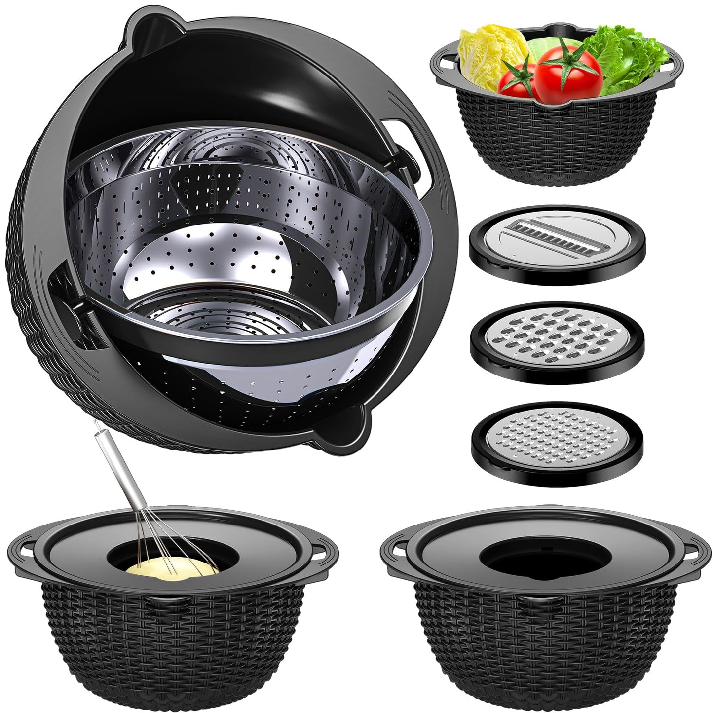 4-1 Colander with Bowl Set - Rotatable Colander Bowl with Measuring Spoons - Fruit Strainer Bowl, Food Strainers and Colanders Funny Presents for Women, Aesthetic Kitchen Gadget Essentials - Beige