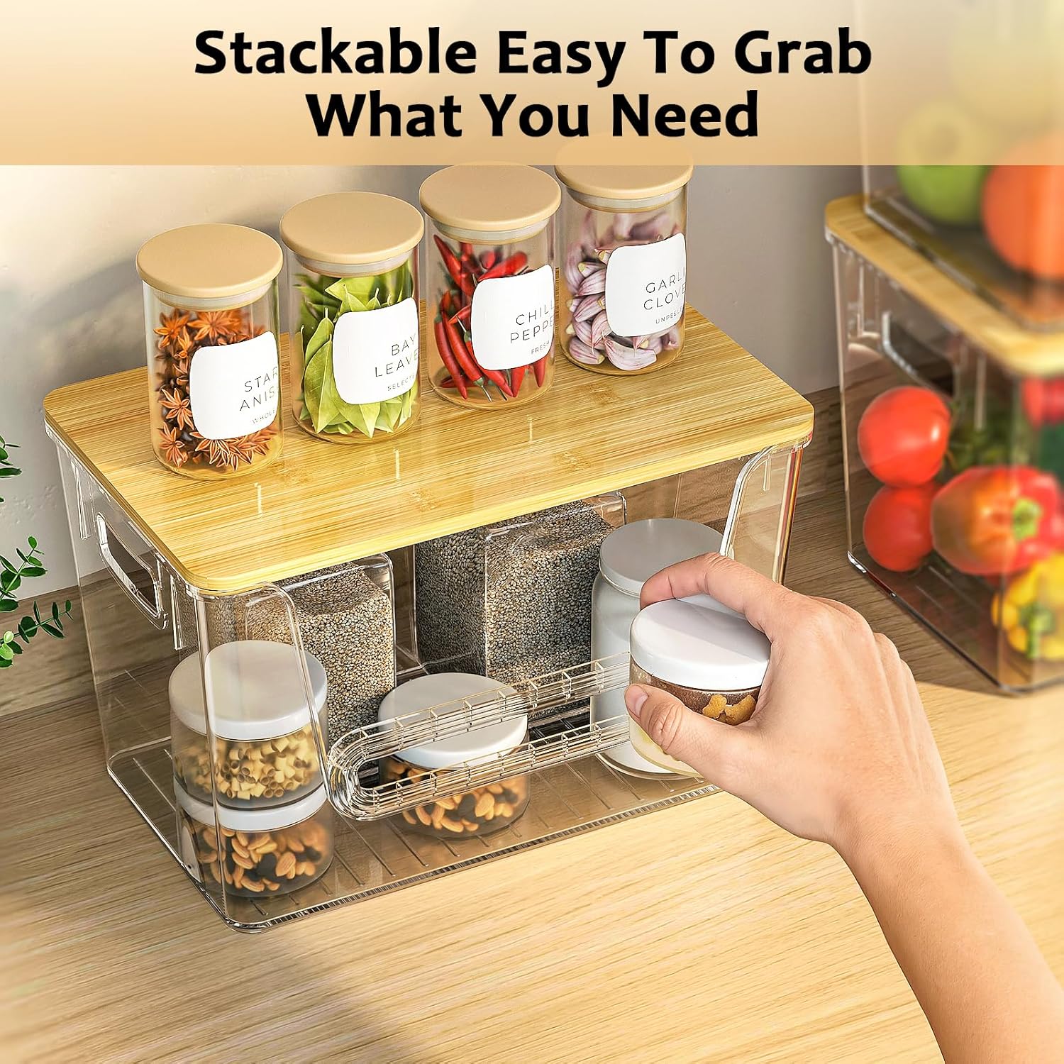 Delamu 3 Pack Pantry Organizers and Storage,Trash Bag Dispenser with Bamboo Top,Stackable Trash Bag Dispenser Under Sink Organizer for 4-30 GalBags,Onion,Potato,Fruits,Clear