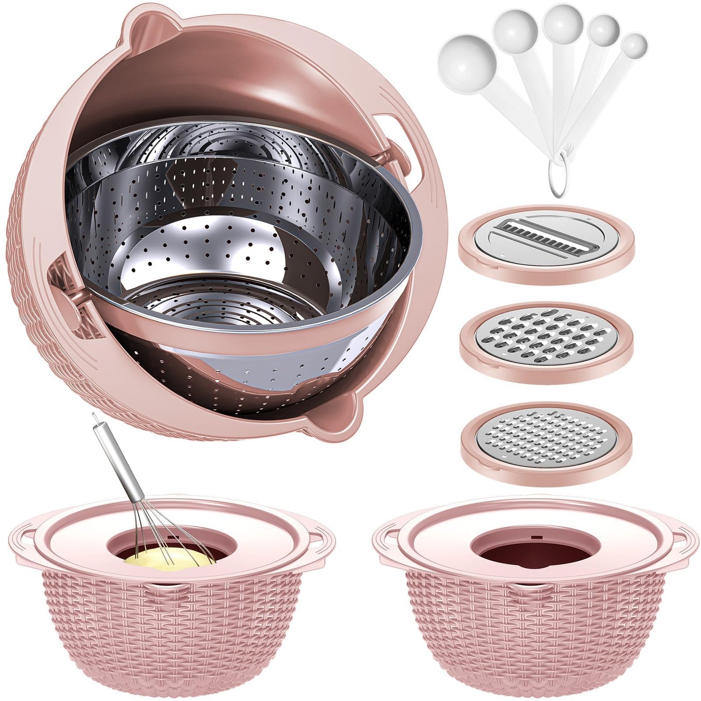 4-1 Colander with Bowl Set - Rotatable Colander Bowl with Measuring Spoons - Fruit Strainer Bowl, Food Strainers and Colanders Funny Presents for Women, Aesthetic Kitchen Gadget Essentials - Beige