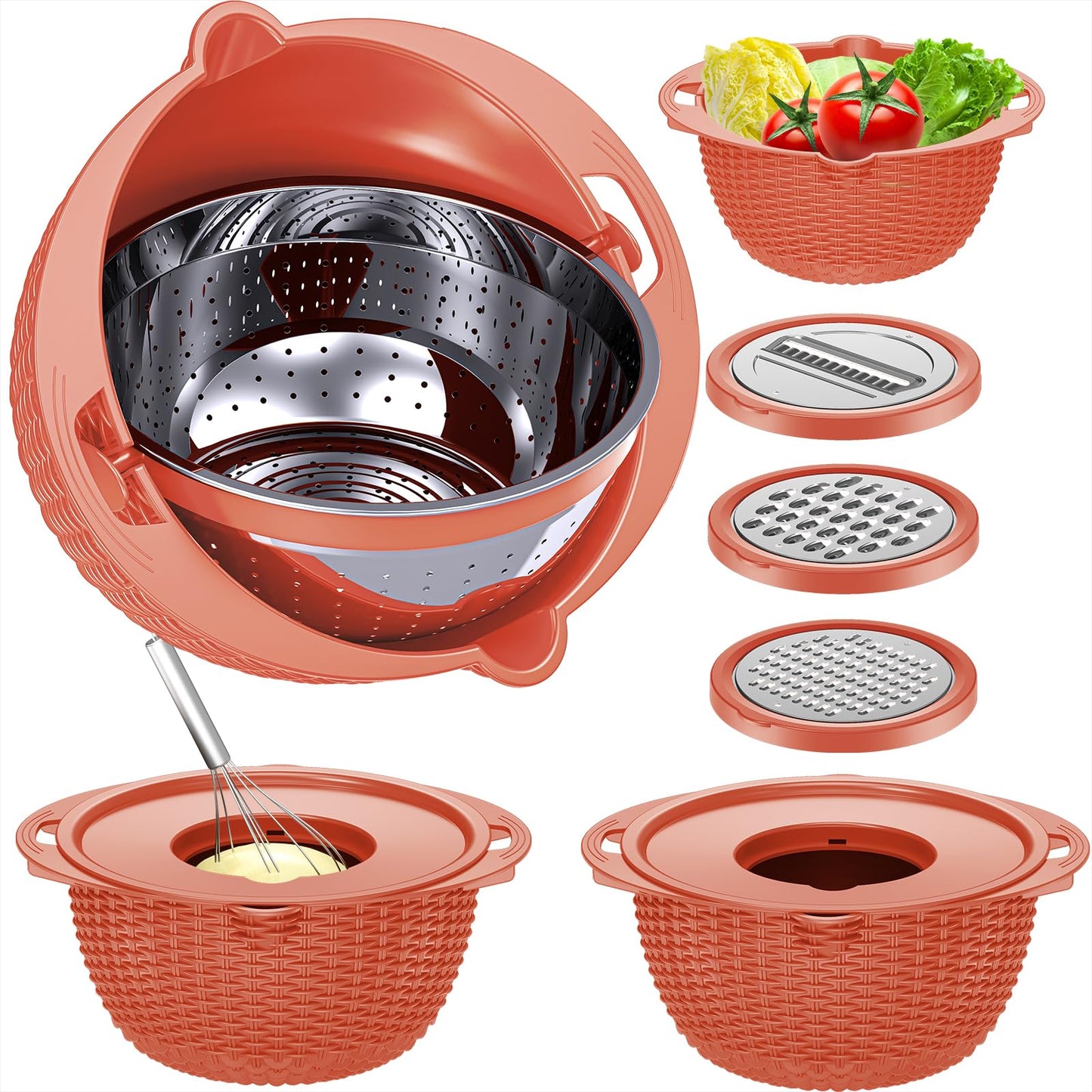 4-1 Colander with Bowl Set - Rotatable Colander Bowl with Measuring Spoons - Fruit Strainer Bowl, Food Strainers and Colanders Funny Presents for Women, Aesthetic Kitchen Gadget Essentials - Beige