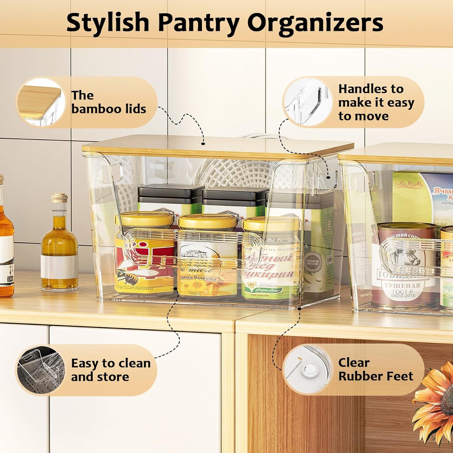 Delamu 3 Pack Pantry Organizers and Storage,Trash Bag Dispenser with Bamboo Top,Stackable Trash Bag Dispenser Under Sink Organizer for 4-30 GalBags,Onion,Potato,Fruits,Clear