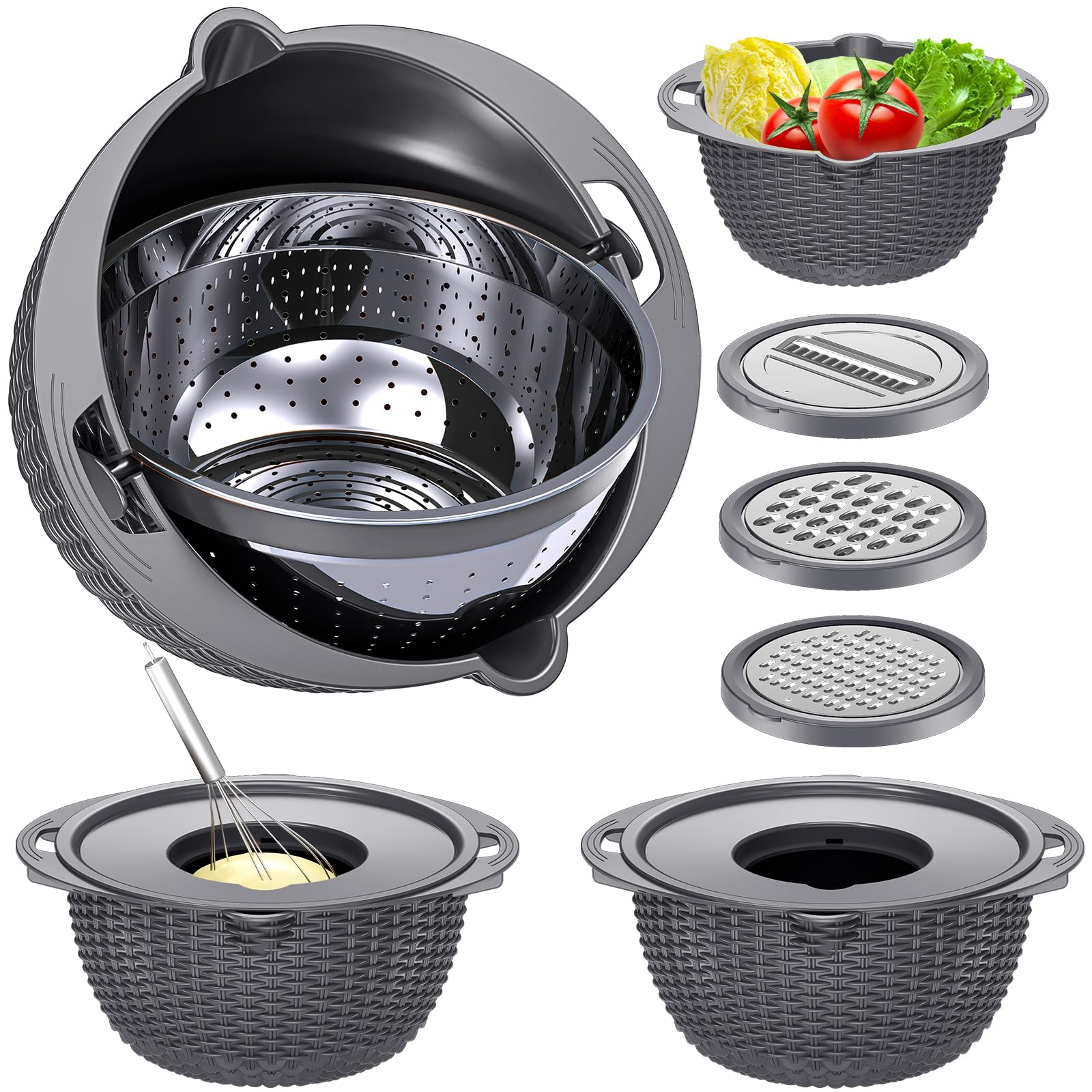 4-1 Colander with Bowl Set - Rotatable Colander Bowl with Measuring Spoons - Fruit Strainer Bowl, Food Strainers and Colanders Funny Presents for Women, Aesthetic Kitchen Gadget Essentials - Beige