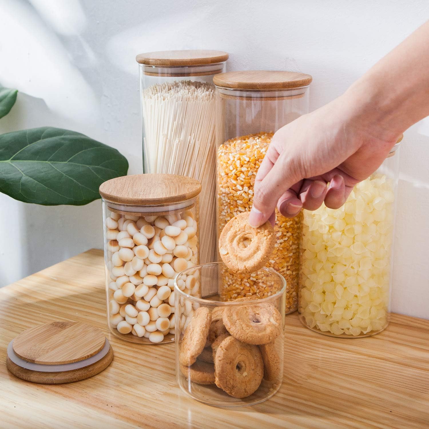 Airtight Glass Jars with Bamboo Lids, Glass Food Storage Containers Set - Set of 5 Kitchen Canisters for Sugar, Candy, Cookie, Rice and Spice Jars