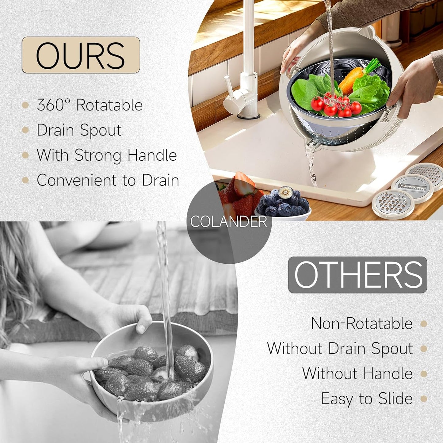4-1 Colander with Bowl Set - Rotatable Colander Bowl with Measuring Spoons - Fruit Strainer Bowl, Food Strainers and Colanders Funny Presents for Women, Aesthetic Kitchen Gadget Essentials - Beige