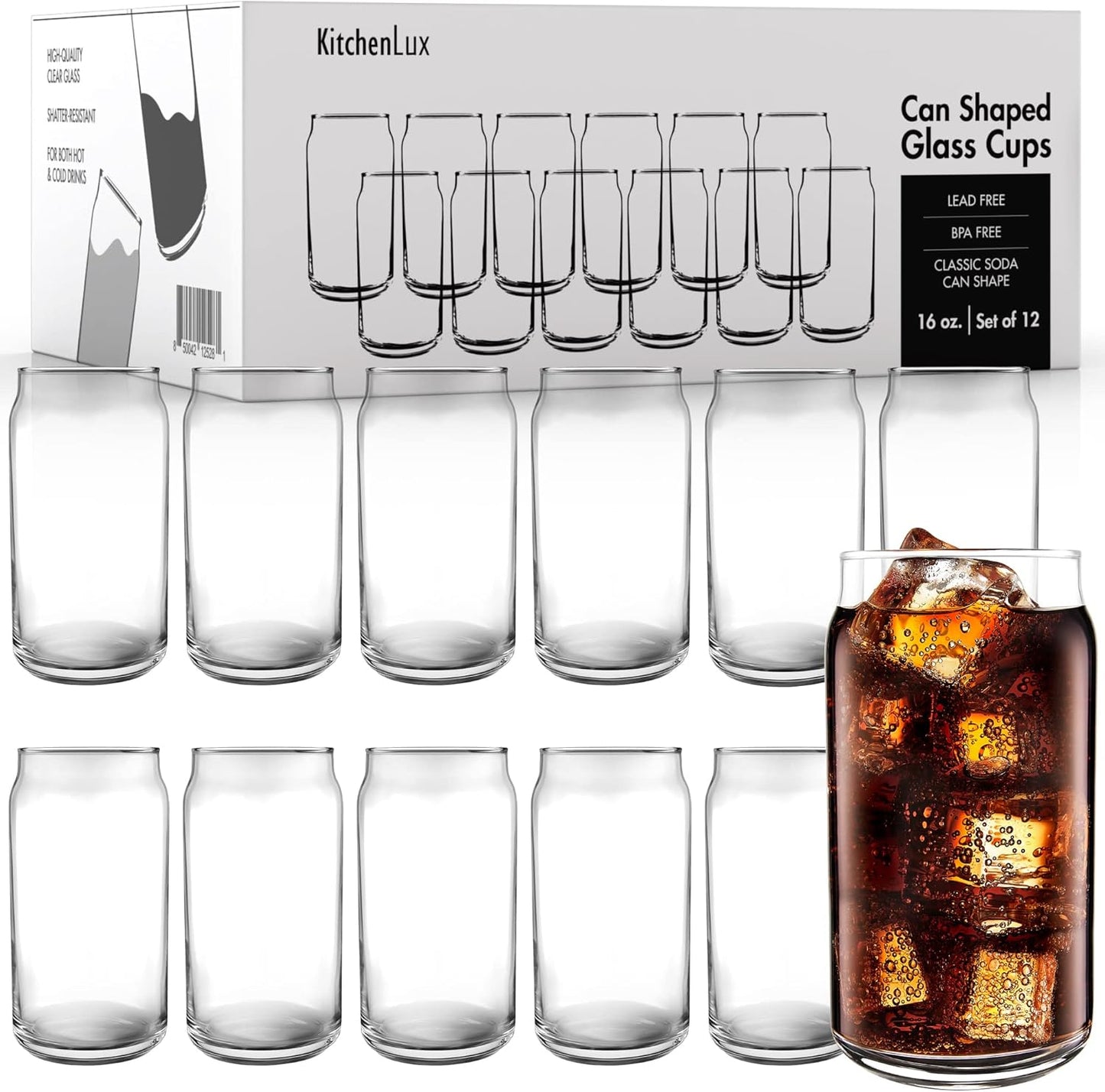 16 oz Can Shaped Glass Cups, Set of 12 Beer Can Glasses, Aesthetic Soda Can Cup Clear Glass Tumbler Beer Glasses, Cute Cups Tall Cocktail Drinkware, Cool Drinking Glasses for Kitchen, Modern Glassware