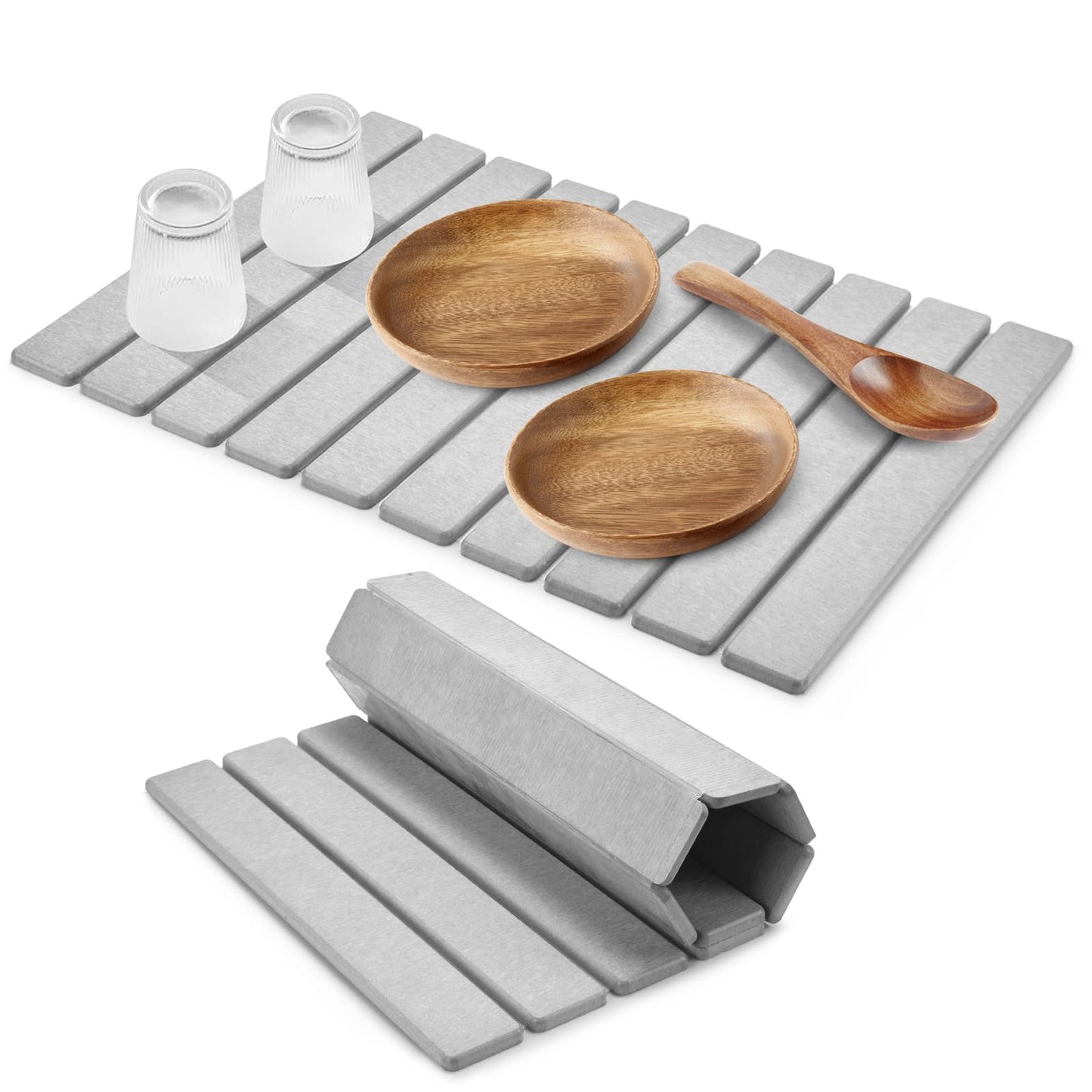Large Stone Dish Drying Mats for Kitchen Counter, Quick Dry Collapsible Dish Drying Mat, Eco-Friendly Absorbent Foldable Diatomaceous Earth Mats for Dishes Bottles Cups, Match Any Countertop, 24"×16"