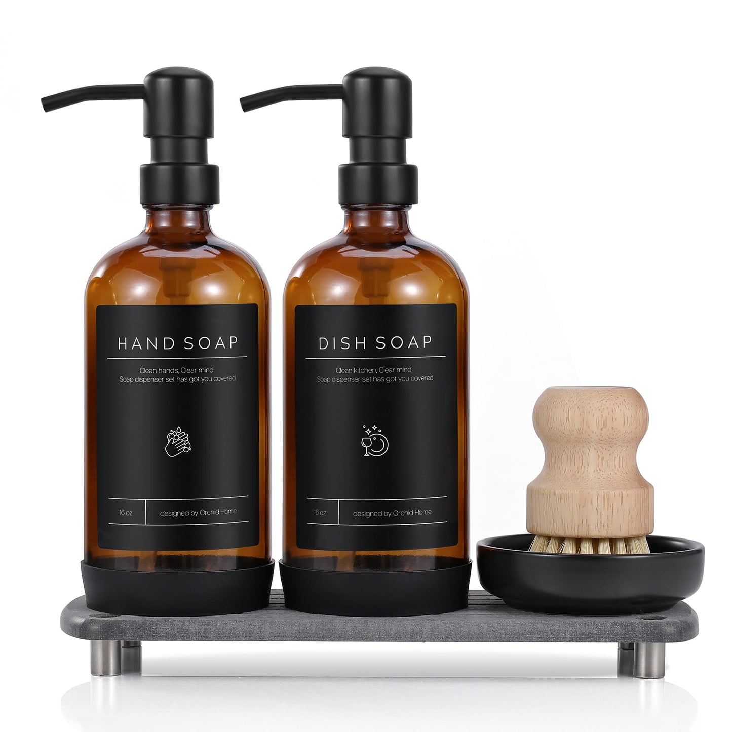 [Luxury] Kitchen Soap Dispenser Set - 16OZ Black Glass Bottle, Stainless Steel Pump, Instant Dry Tray, Waterproof Labels, Non-Slip Silicone Pad, and Dish Brush | Upgrade for Your Kitchen and Bathroom