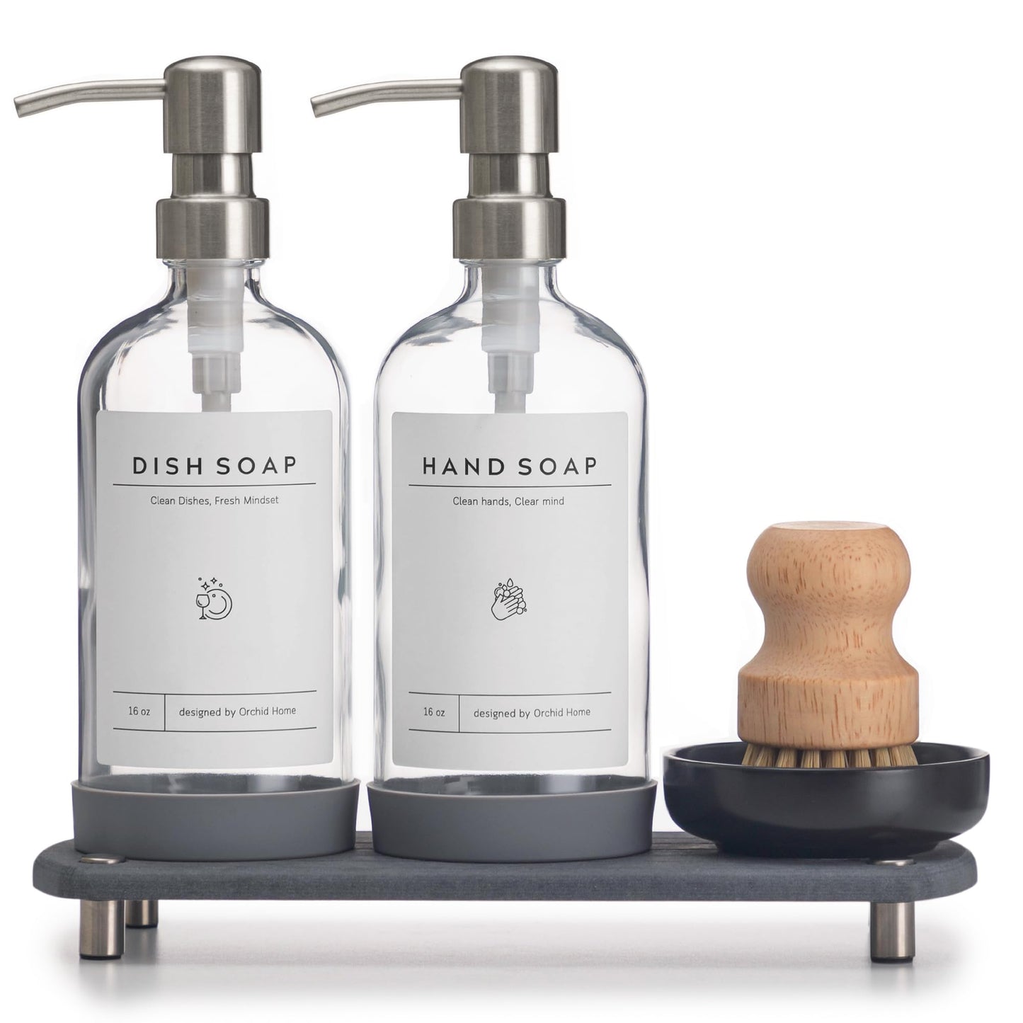 [Luxury] Kitchen Soap Dispenser Set - 16OZ Black Glass Bottle, Stainless Steel Pump, Instant Dry Tray, Waterproof Labels, Non-Slip Silicone Pad, and Dish Brush | Upgrade for Your Kitchen and Bathroom
