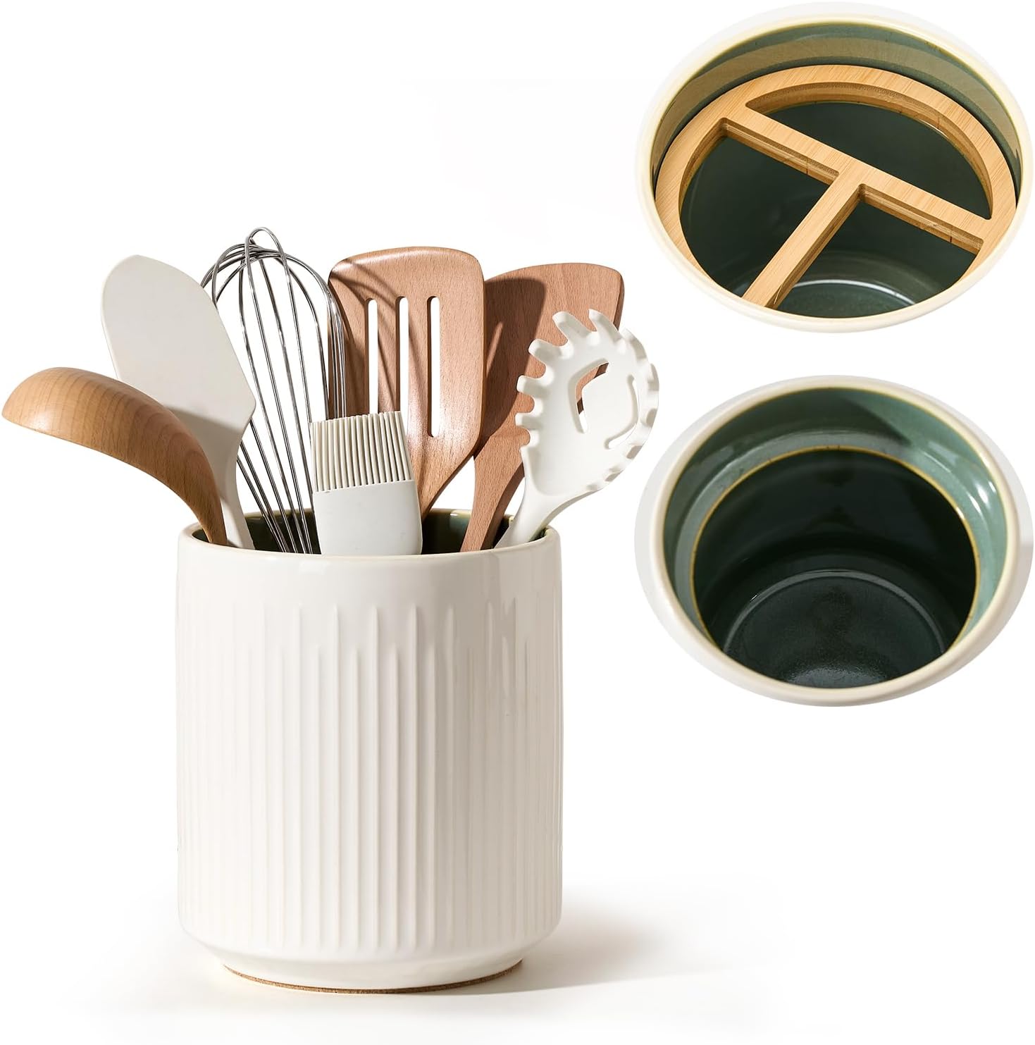 JIEMEI HOME Kitchen Utensil Holder, 7.2" Large Ceramic Stable Utensil Crock for Countertop, Utensil Organizer with Cork Mat, Removable Bamboo Divider for Easy, Kitchen Decor, White & Green