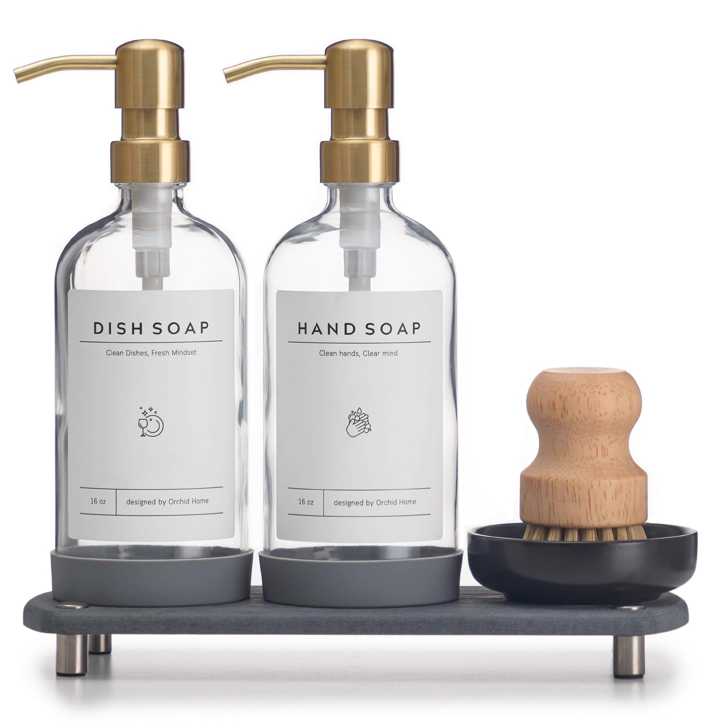 [Luxury] Kitchen Soap Dispenser Set - 16OZ Black Glass Bottle, Stainless Steel Pump, Instant Dry Tray, Waterproof Labels, Non-Slip Silicone Pad, and Dish Brush | Upgrade for Your Kitchen and Bathroom