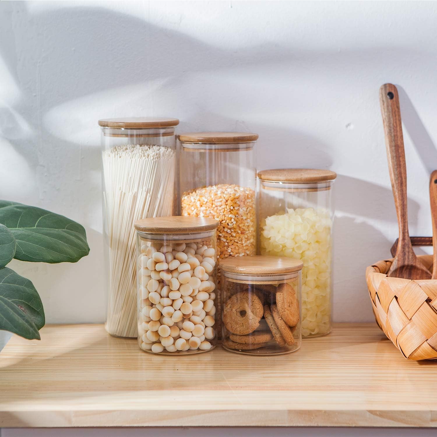 Airtight Glass Jars with Bamboo Lids, Glass Food Storage Containers Set - Set of 5 Kitchen Canisters for Sugar, Candy, Cookie, Rice and Spice Jars