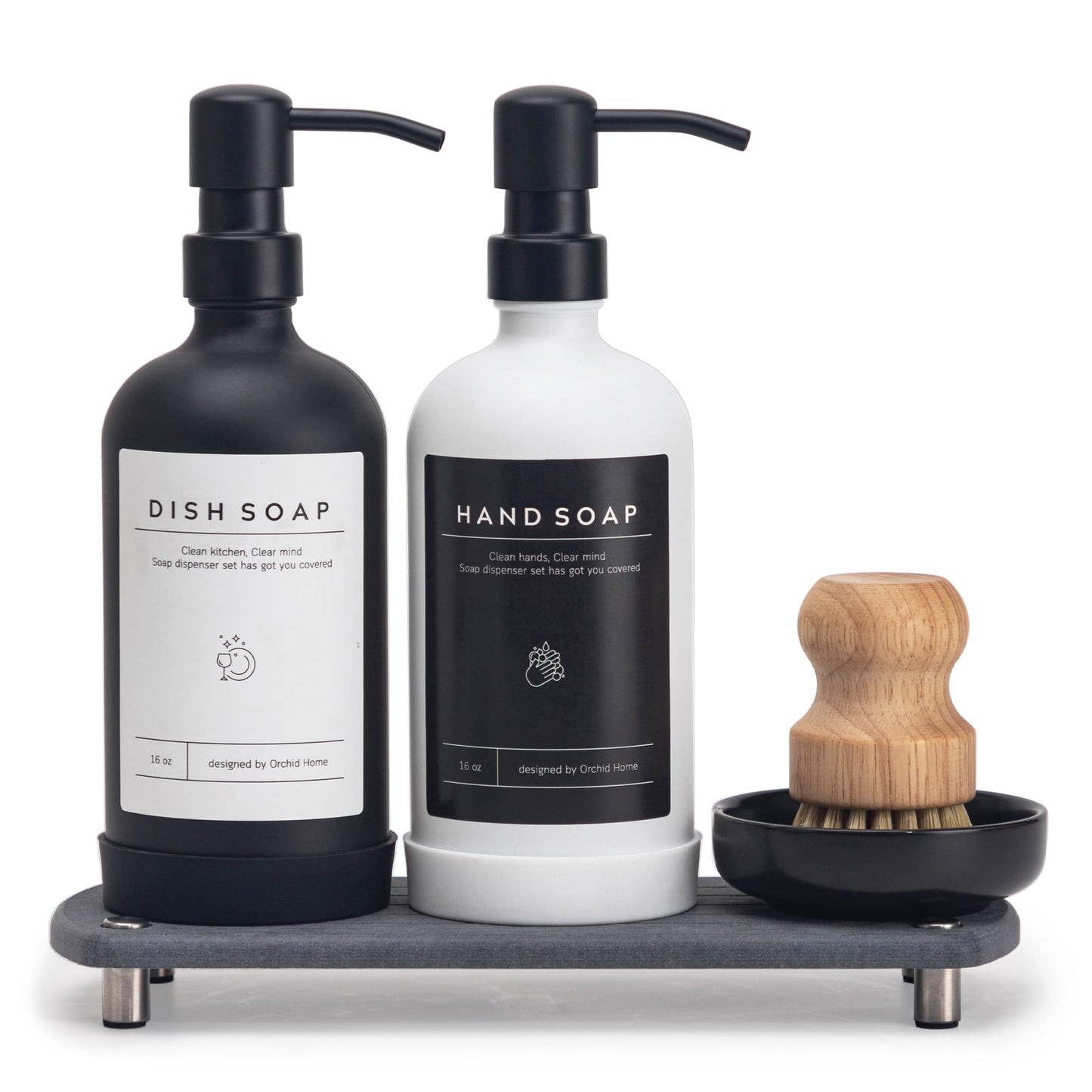 [Luxury] Kitchen Soap Dispenser Set - 16OZ Black Glass Bottle, Stainless Steel Pump, Instant Dry Tray, Waterproof Labels, Non-Slip Silicone Pad, and Dish Brush | Upgrade for Your Kitchen and Bathroom