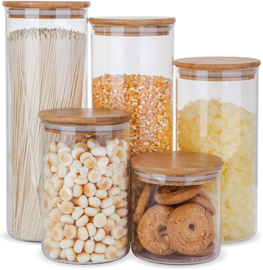 Airtight Glass Jars with Bamboo Lids, Glass Food Storage Containers Set - Set of 5 Kitchen Canisters for Sugar, Candy, Cookie, Rice and Spice Jars