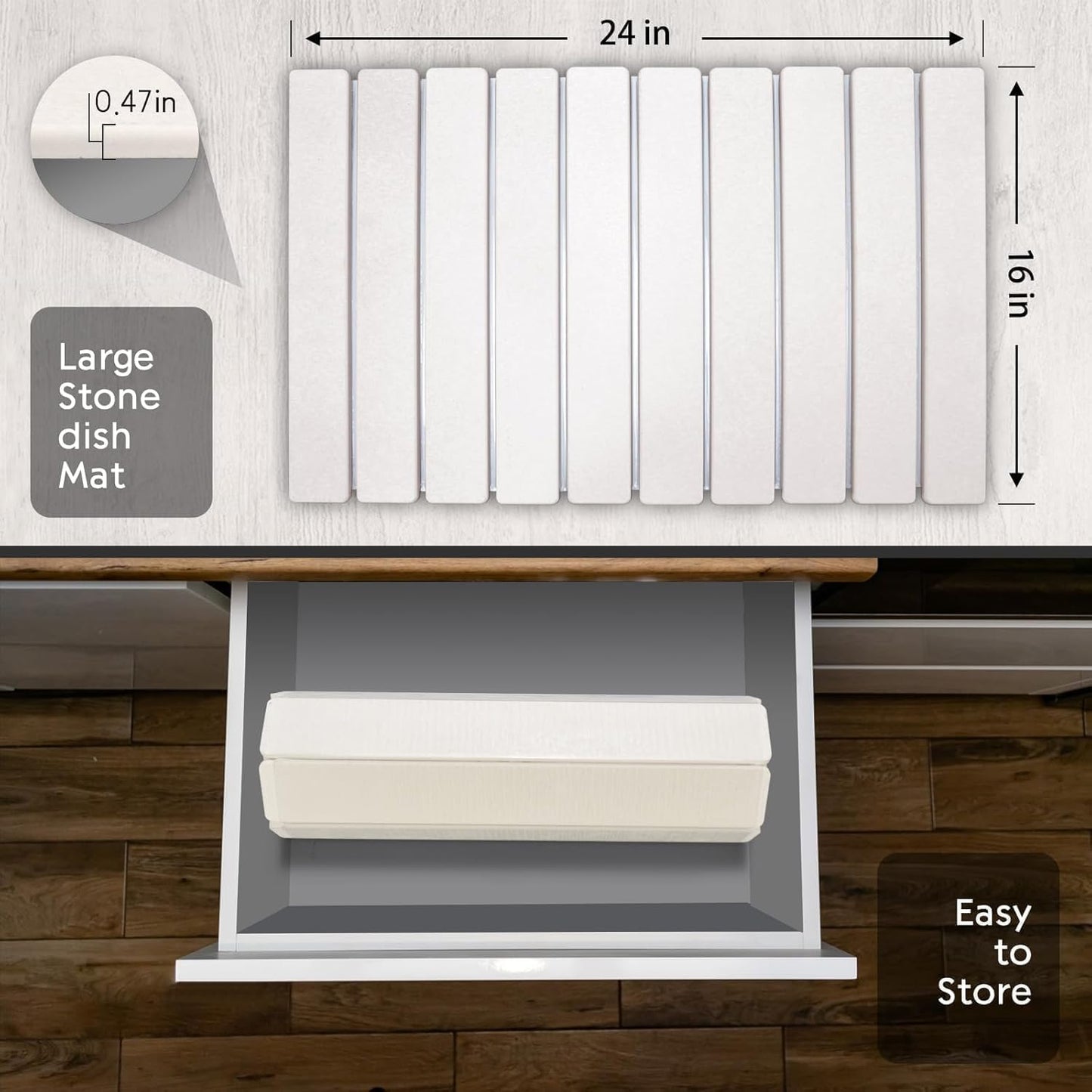 Large Stone Dish Drying Mats for Kitchen Counter, Quick Dry Collapsible Dish Drying Mat, Eco-Friendly Absorbent Foldable Diatomaceous Earth Mats for Dishes Bottles Cups, Match Any Countertop, 24"×16"
