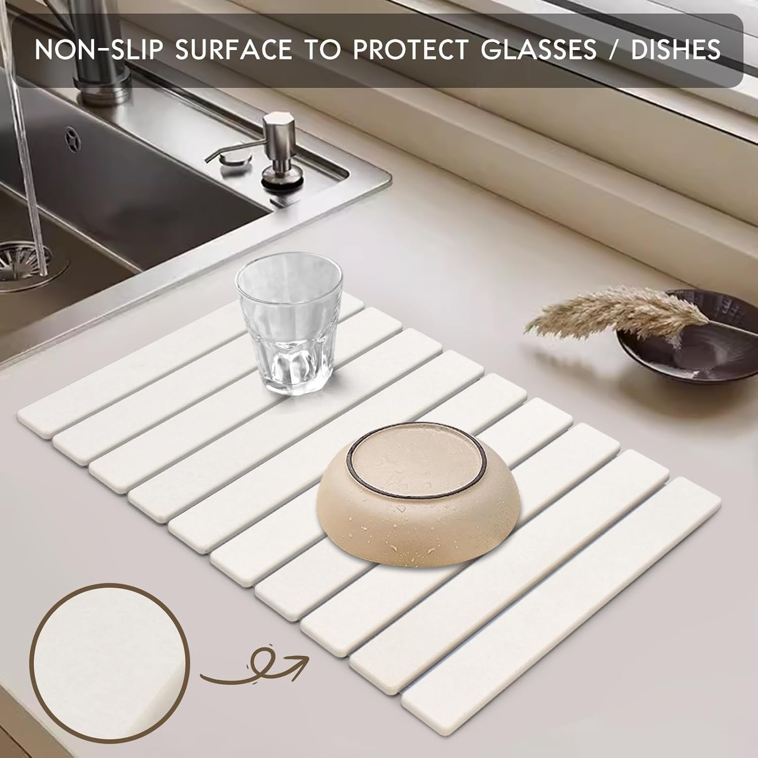 Large Stone Dish Drying Mats for Kitchen Counter, Quick Dry Collapsible Dish Drying Mat, Eco-Friendly Absorbent Foldable Diatomaceous Earth Mats for Dishes Bottles Cups, Match Any Countertop, 24"×16"